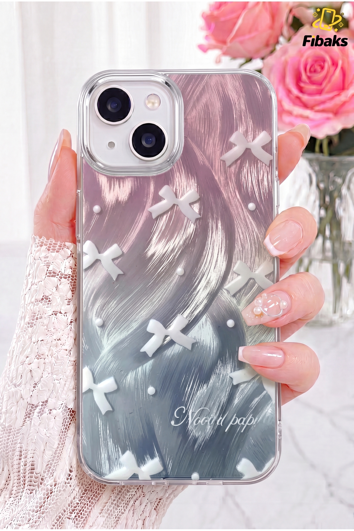 iPhone 13/14/15 Case Bright Hologram Bow Pattern Shock Absorbing Camera Protruding Silicone