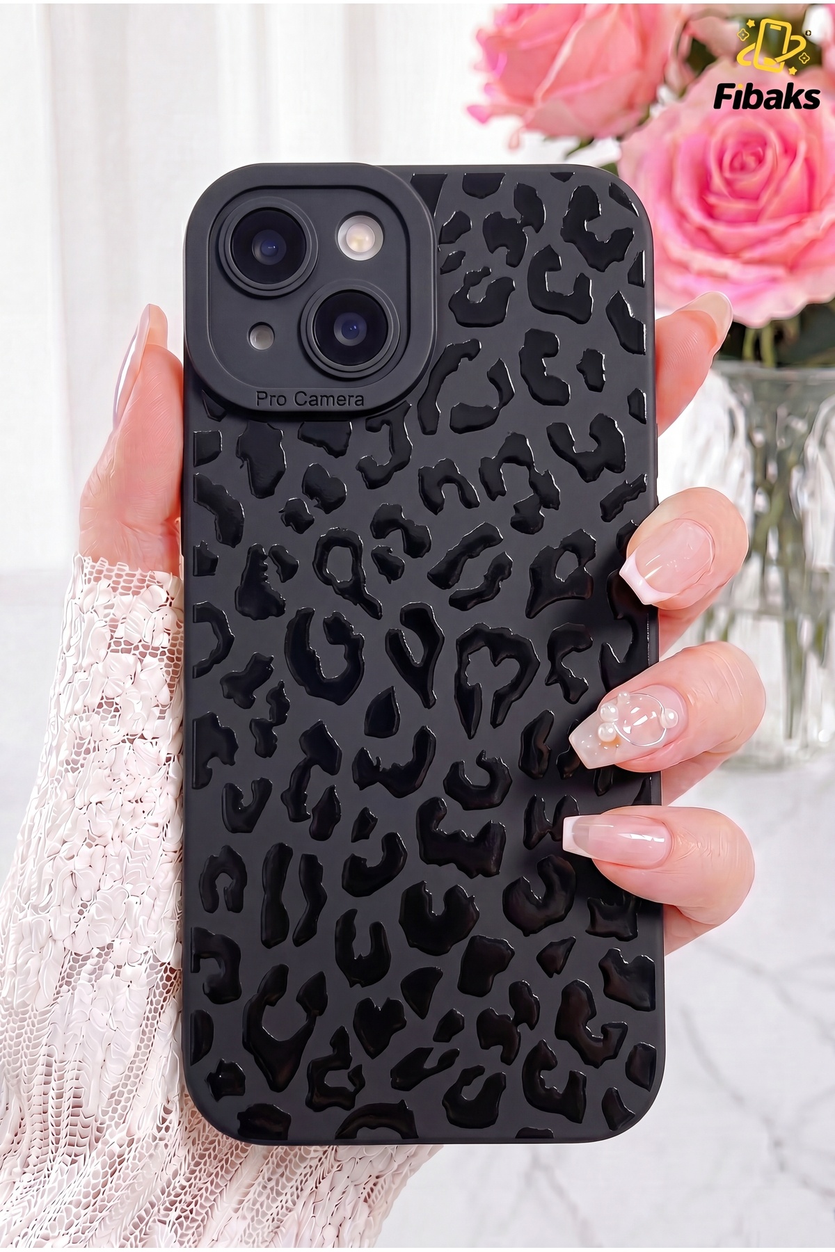iPhone 15 Case Matte Black Hologram Leopard Pattern Camera Shielded Soft Silicone Cover