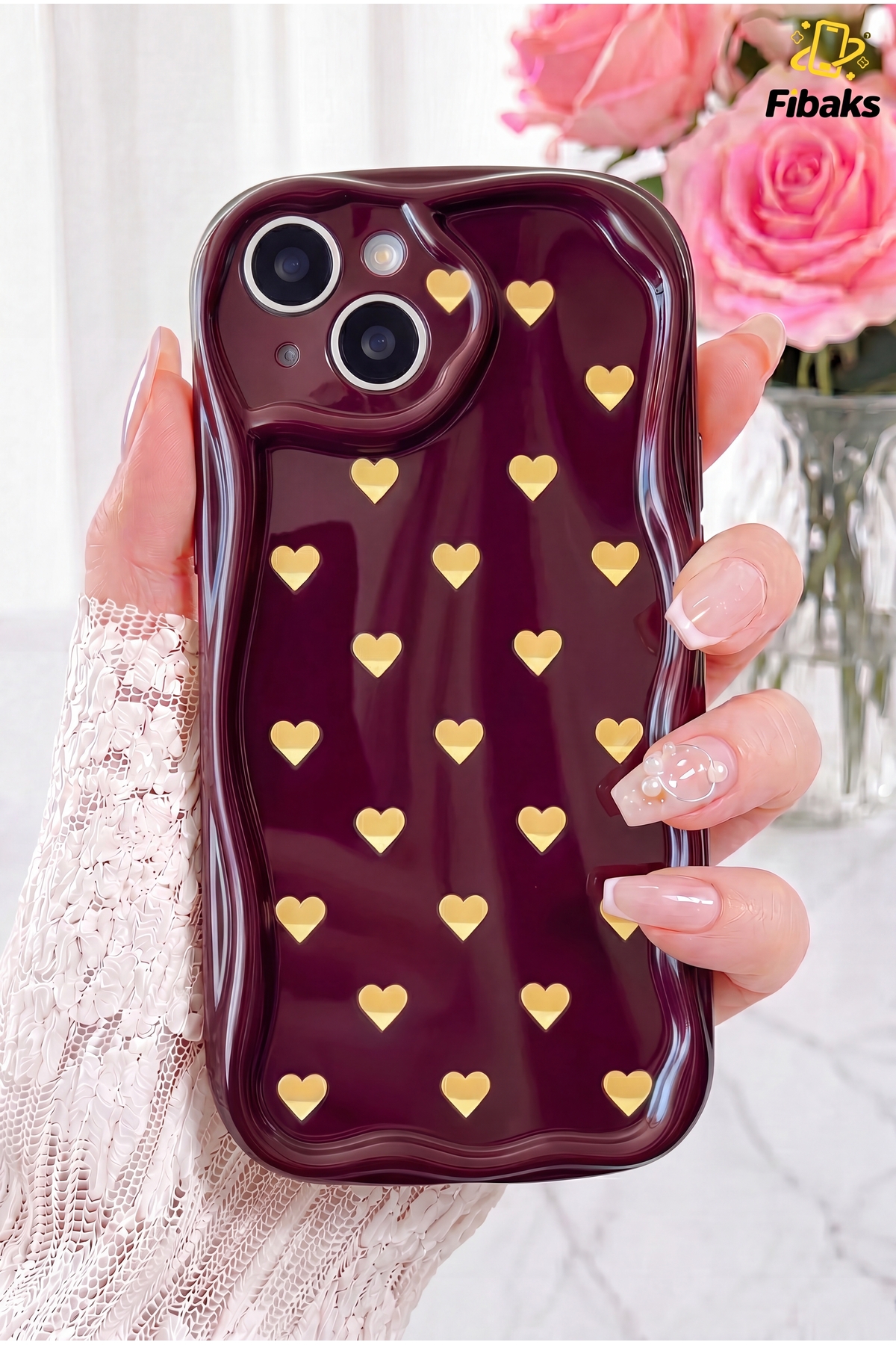 iPhone 13/14 Case Camera Protected Wave Edge Tiny Yellow Heart Pattern Burgundy Silicone Cover