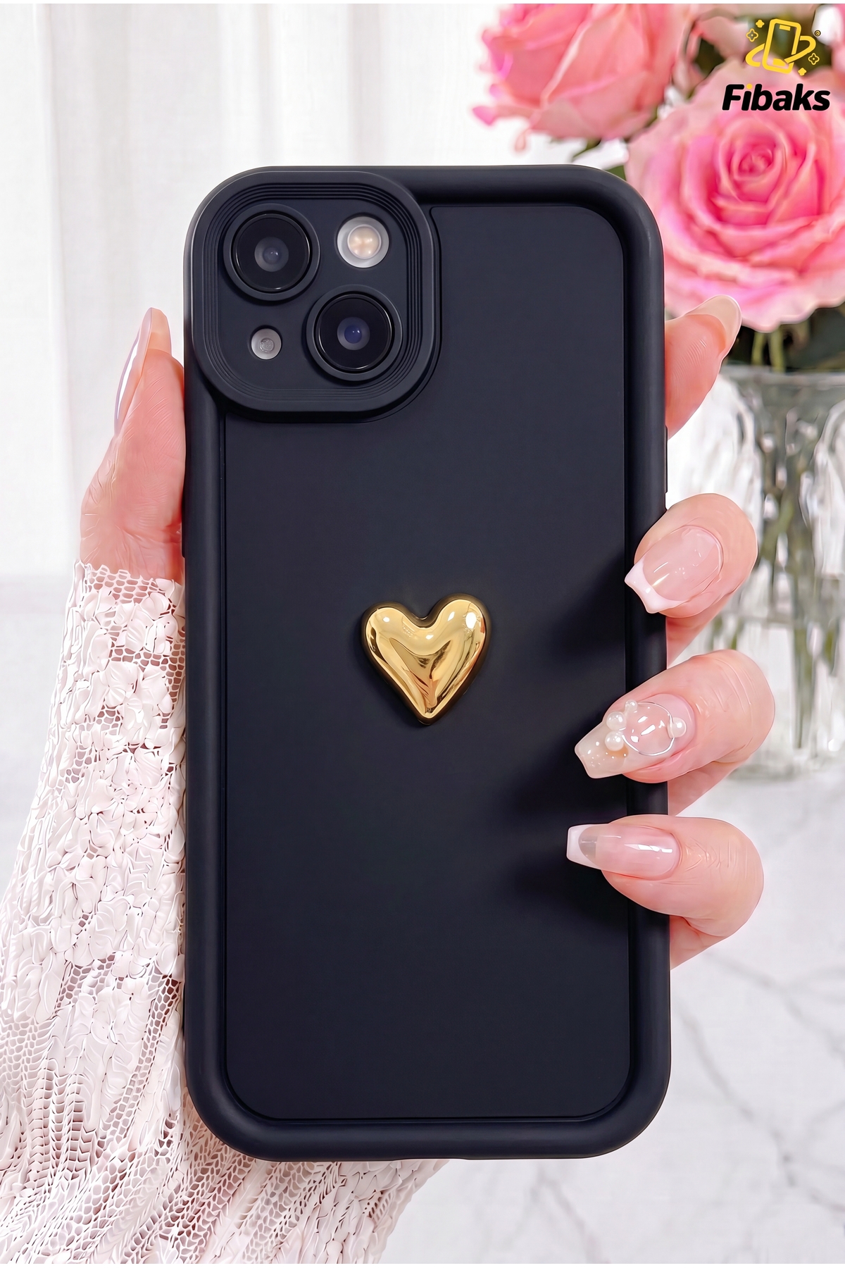 iPhone 13/14 Case Black Pattern Soft Camera Protected Silicone Cover with 3D Heart Design