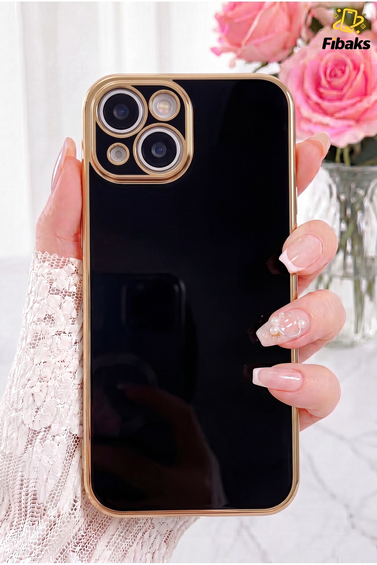 iPhone 13 Case Gold Embroidered Camera Shielded Cover with Bright Edge Black