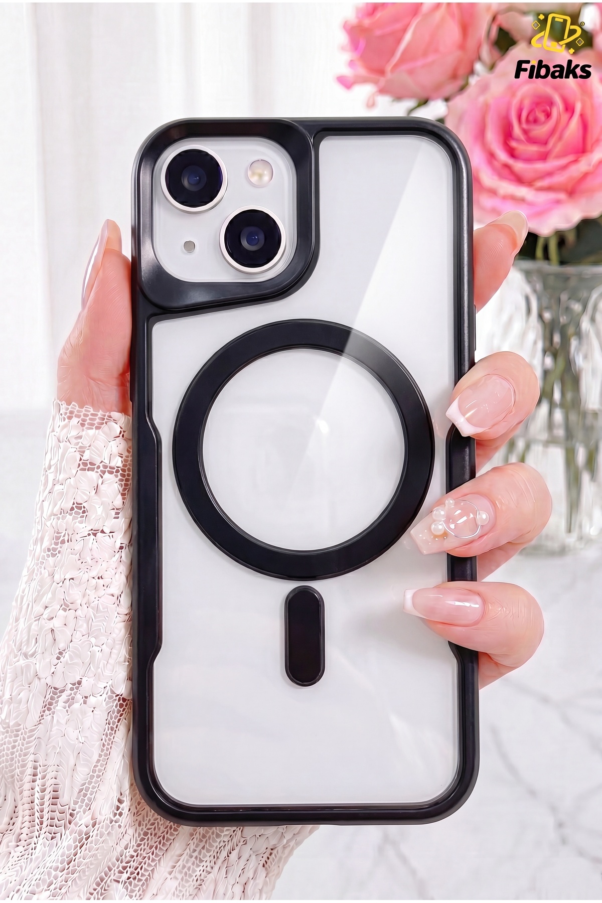 iPhone 13/14/15 Case Prism Camera Protruding Magsafe Charging Support Matte Color Transparent Cover Black
