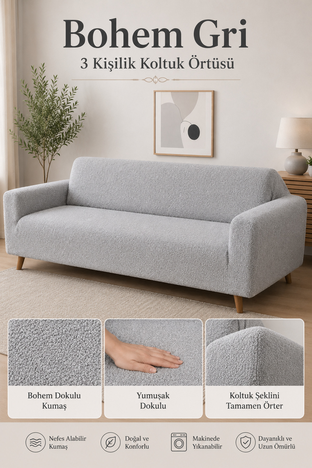 Bohemian Pattern 3 Seater Grey Sofa Cover | Rubber Seat Cover |Sofa Bed Cover| Sofa Cover