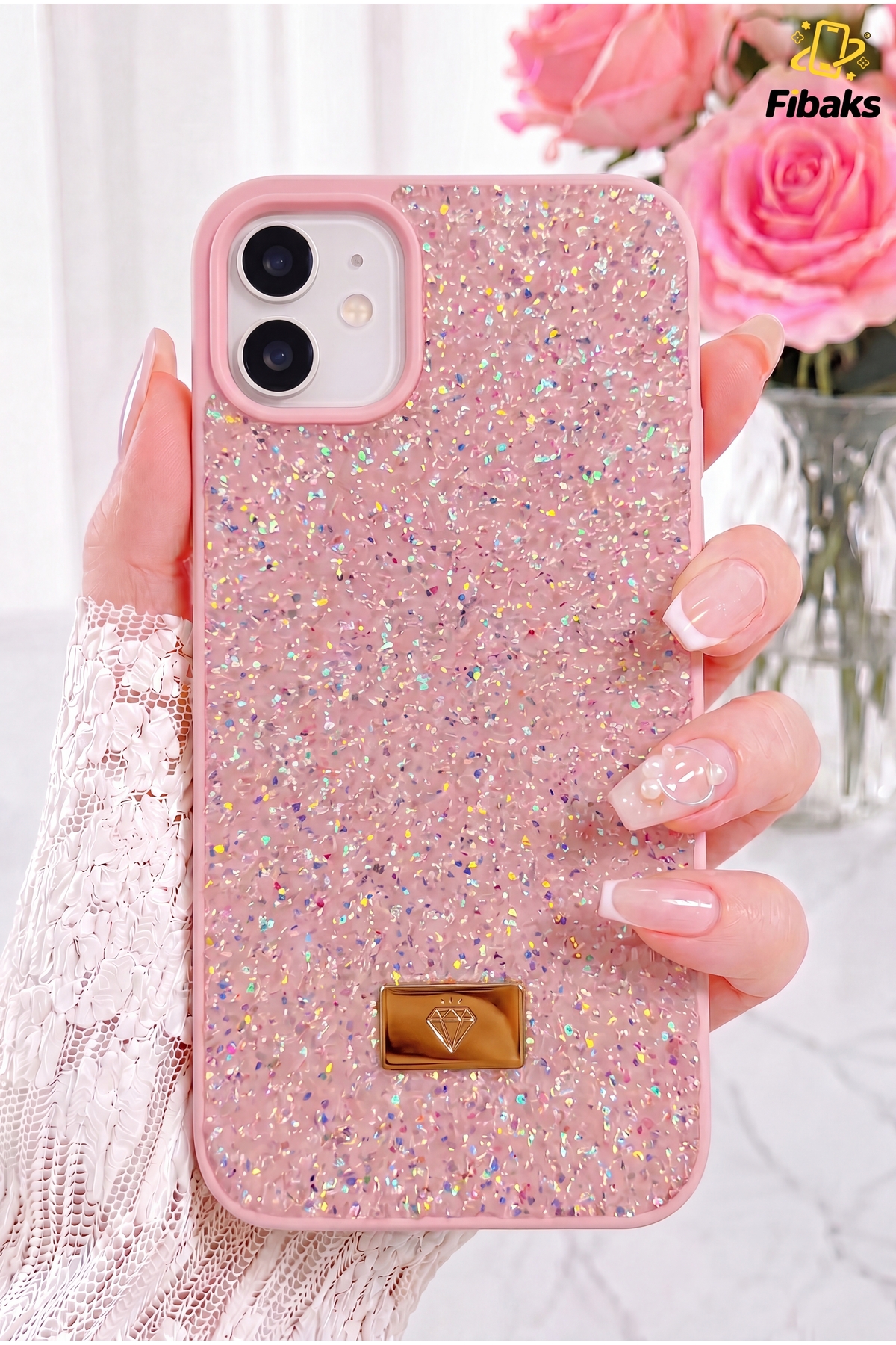 iPhone 11 Case Velvet Diamond Design Pink Gemstone Shimmer Diamond Silicone Cover