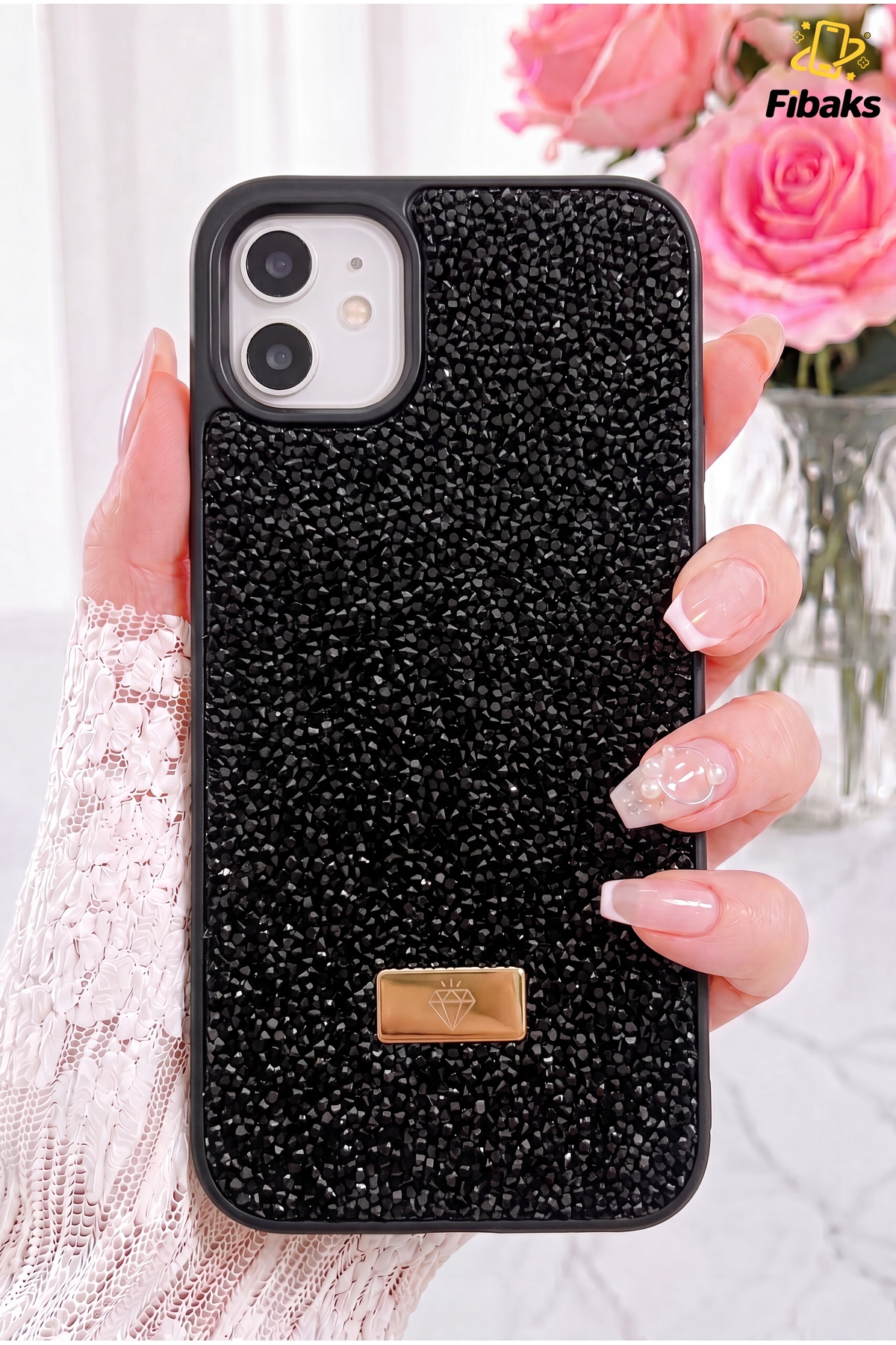iPhone 11 Case Velvet Diamond Design Black Gemstone Sparkly Diamond Silicone Cover