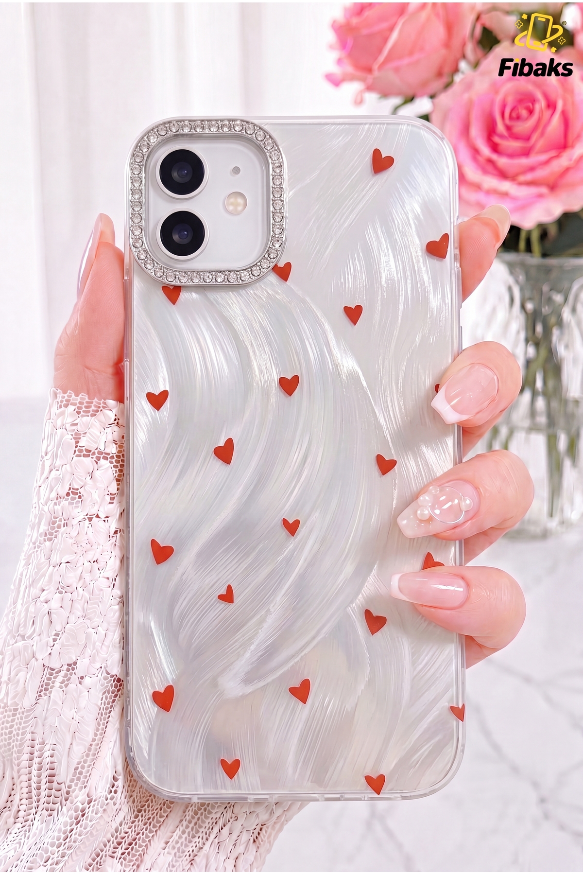 iPhone 11 Case Luminous Love Series Gemstone Camera Framed Heart Pattern Pearl Look Luxury Silicone