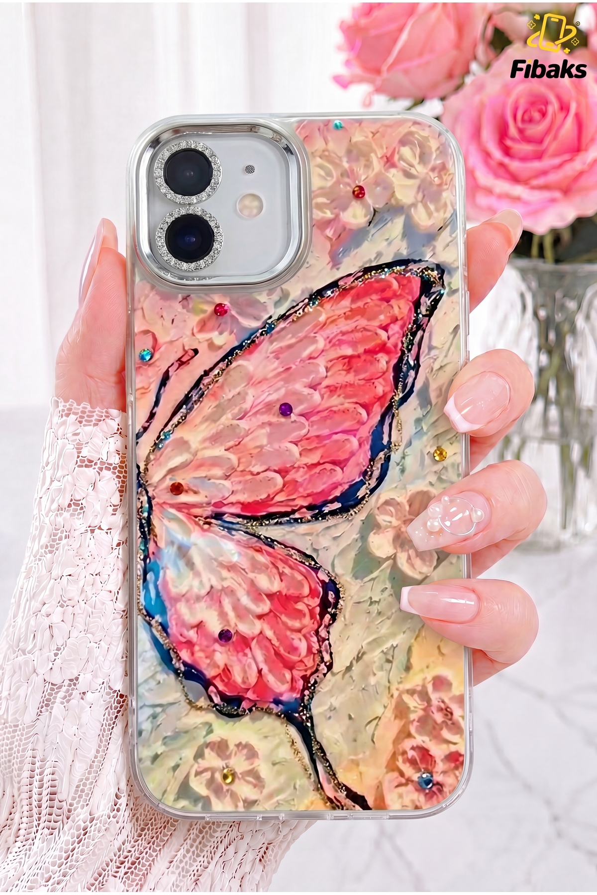 iPhone 11 Case Color Transition Gemstone Camera Shock Absorber with Silvery Pink Butterfly Pattern with Lens Protection