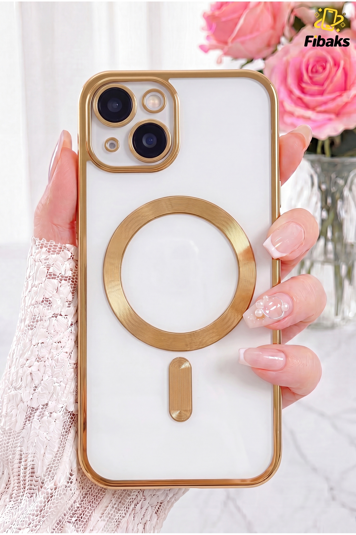 iPhone 14 Plus/15 Plus Case Camera Magsafe Charging Lock with Lens Protection Transparent Color Soft Gold