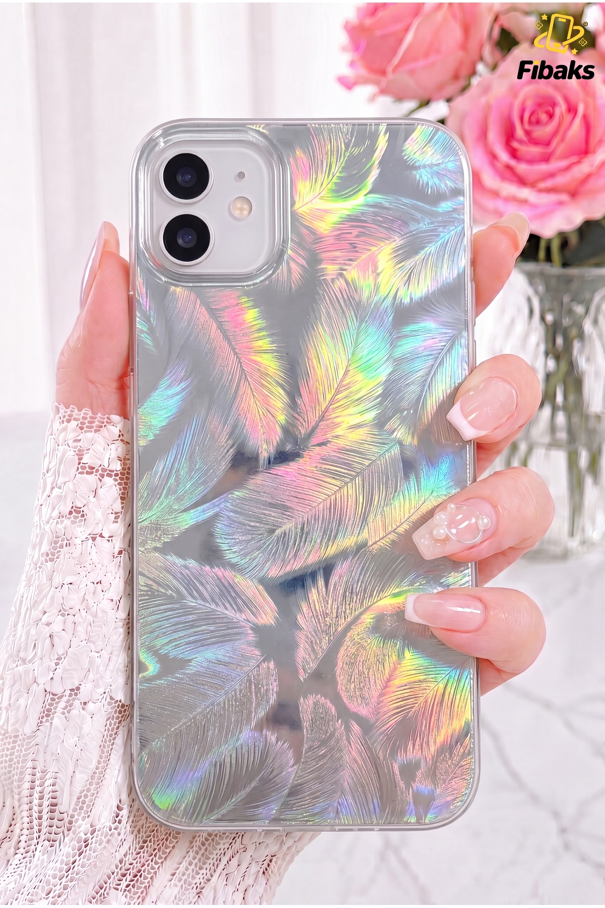 iPhone 11 Case Hologram Shiny White Leaf Pattern Shock Absorber Camera Protected Color Silicone