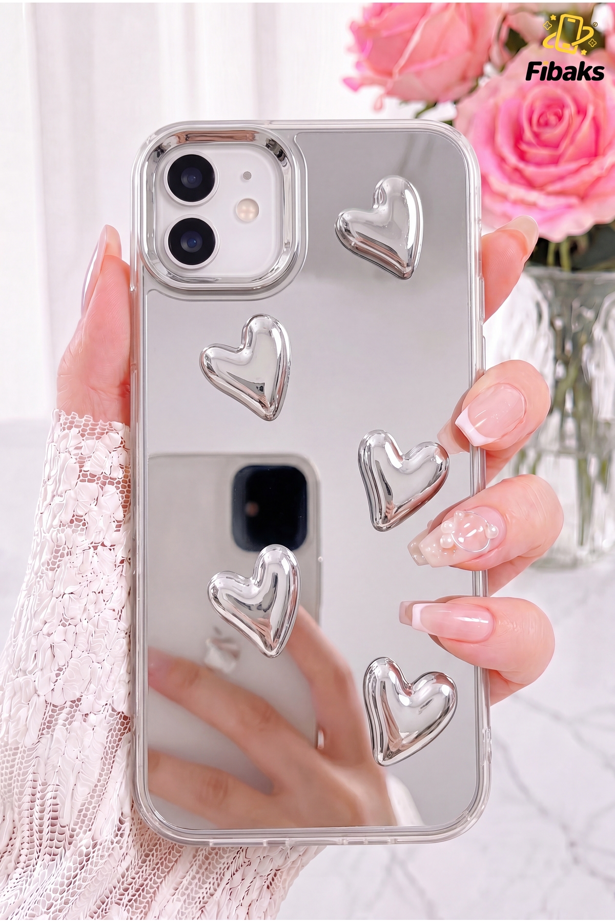 iPhone 11 Case Mirrored Silver 3D Heart Patterned Shock Absorbing Silicone Cover