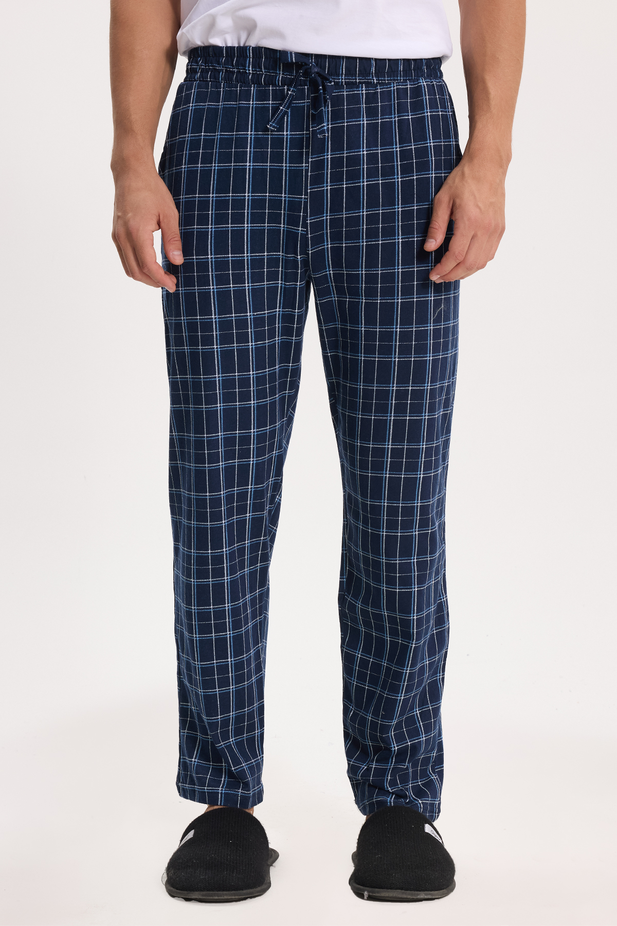 Tudors Erkek Standart Fit Normal Kesim Pamuklu Kareli Beli Bağcıklı Cepli Lacivert Pijama Altı görsel 2