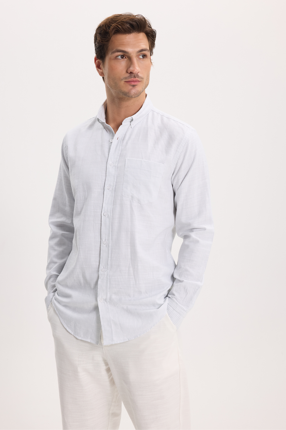پیراهن تودورز مردانه کتان پنبه ای سبز کژوال / روزمره راه راه Slim Fit/اسلیم فیت    Slim/اسلیم فیت کژوال/روزمره | Tudors DR250031 TR - تصویر 3