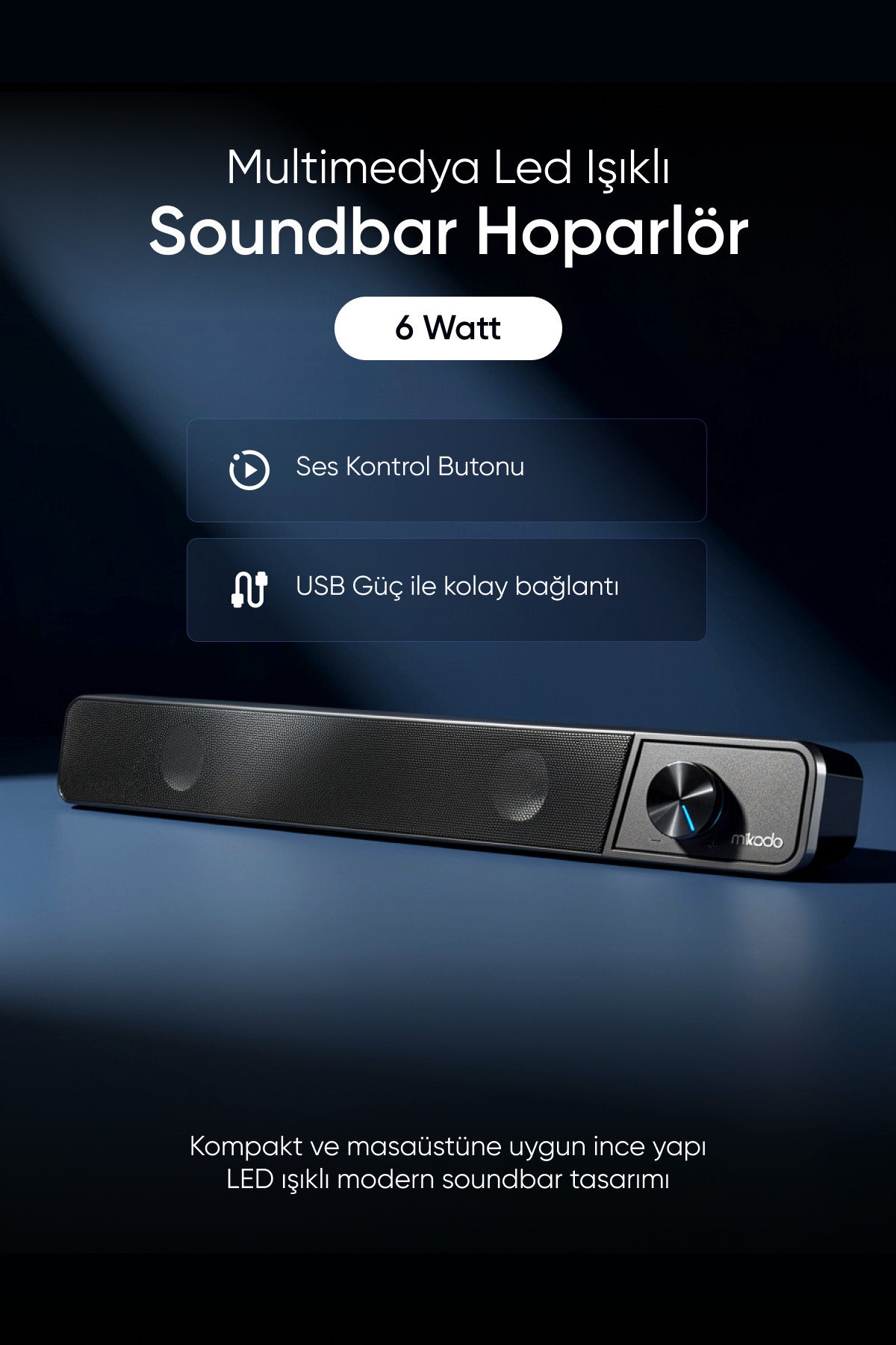 MD-69SBlack 3Wx2 Led Illuminated Multimedia Soundbar Speaker