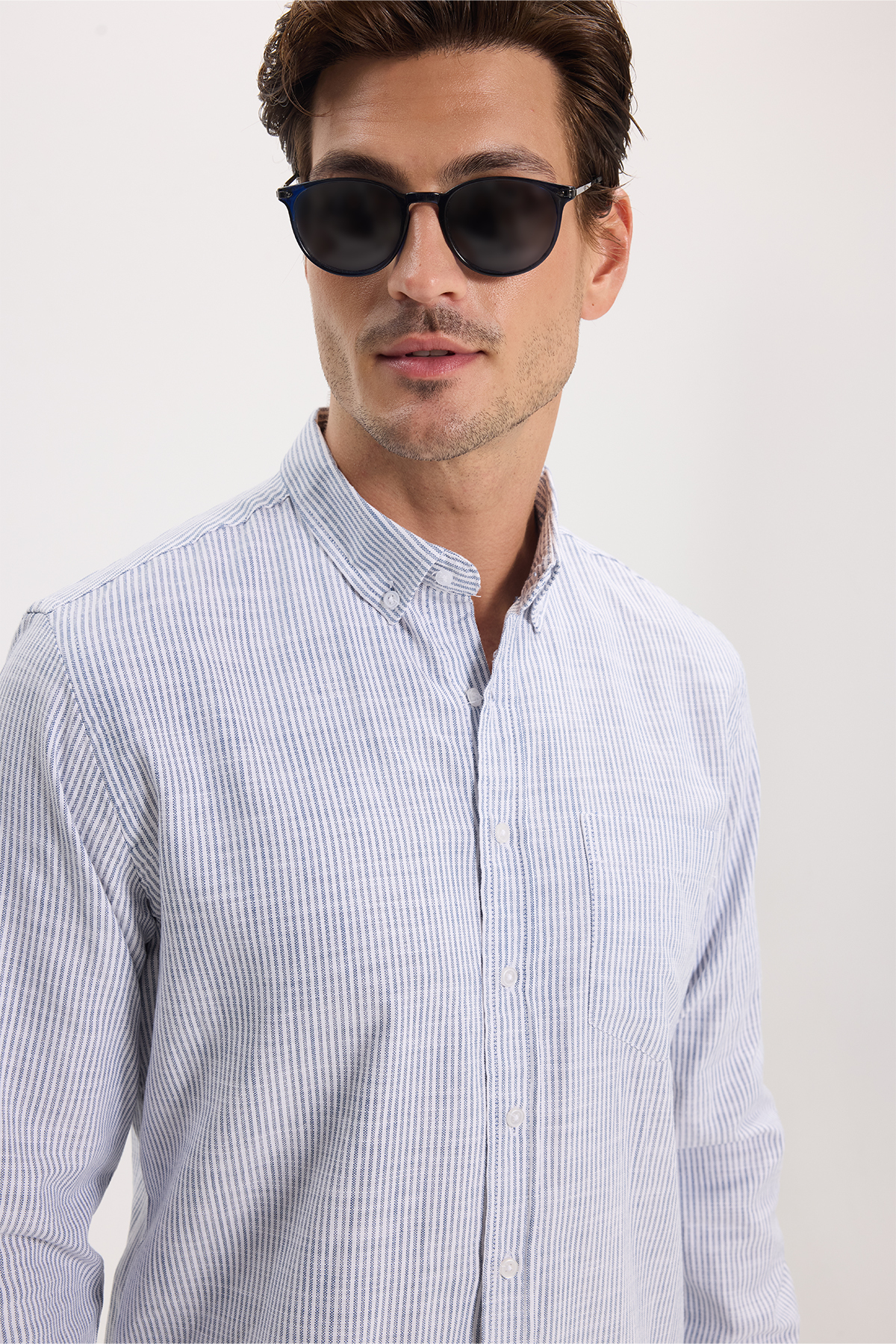 پیراهن تودورز مردانه کتان پنبه ای آبی سرمه ای کژوال / روزمره راه راه Slim Fit/اسلیم فیت    Slim/اسلیم فیت کژوال/روزمره | Tudors DR250031 TR - تصویر 5