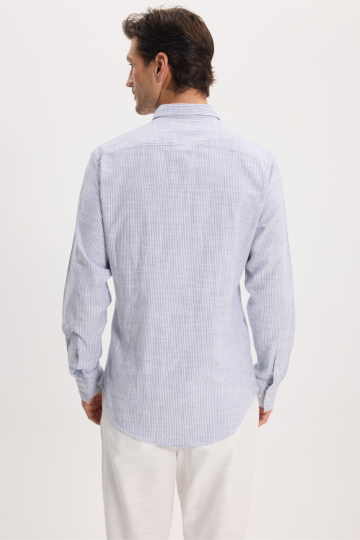 پیراهن تودورز مردانه کتان پنبه ای آبی سرمه ای کژوال / روزمره راه راه Slim Fit/اسلیم فیت    Slim/اسلیم فیت کژوال/روزمره | Tudors DR250031 TR - تصویر 8