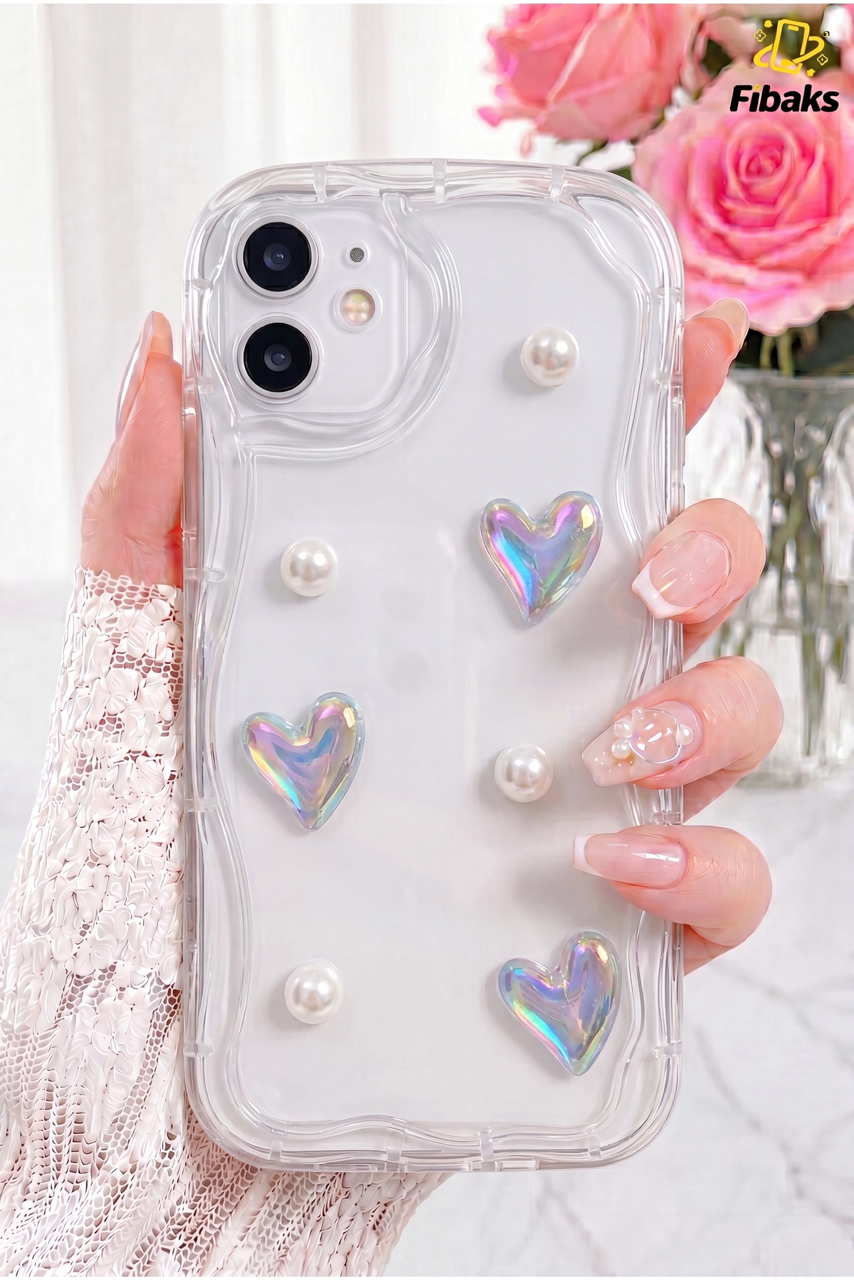 transparent Silicone Cover with 3d Heart and Pearl Design with Patterned Camera Protection with iPhone 12 Case Design
