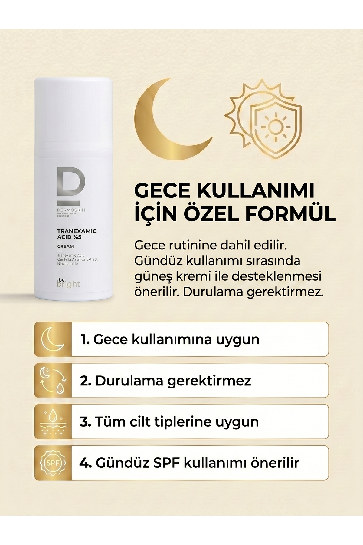 Be Bright Tranexamic Acid %5 Nemlendirici Krem | Leke Karşıtı | Cilt Tonu Eşitleyici | 33 ML — 8697796003418 — تصویر 8 از 8