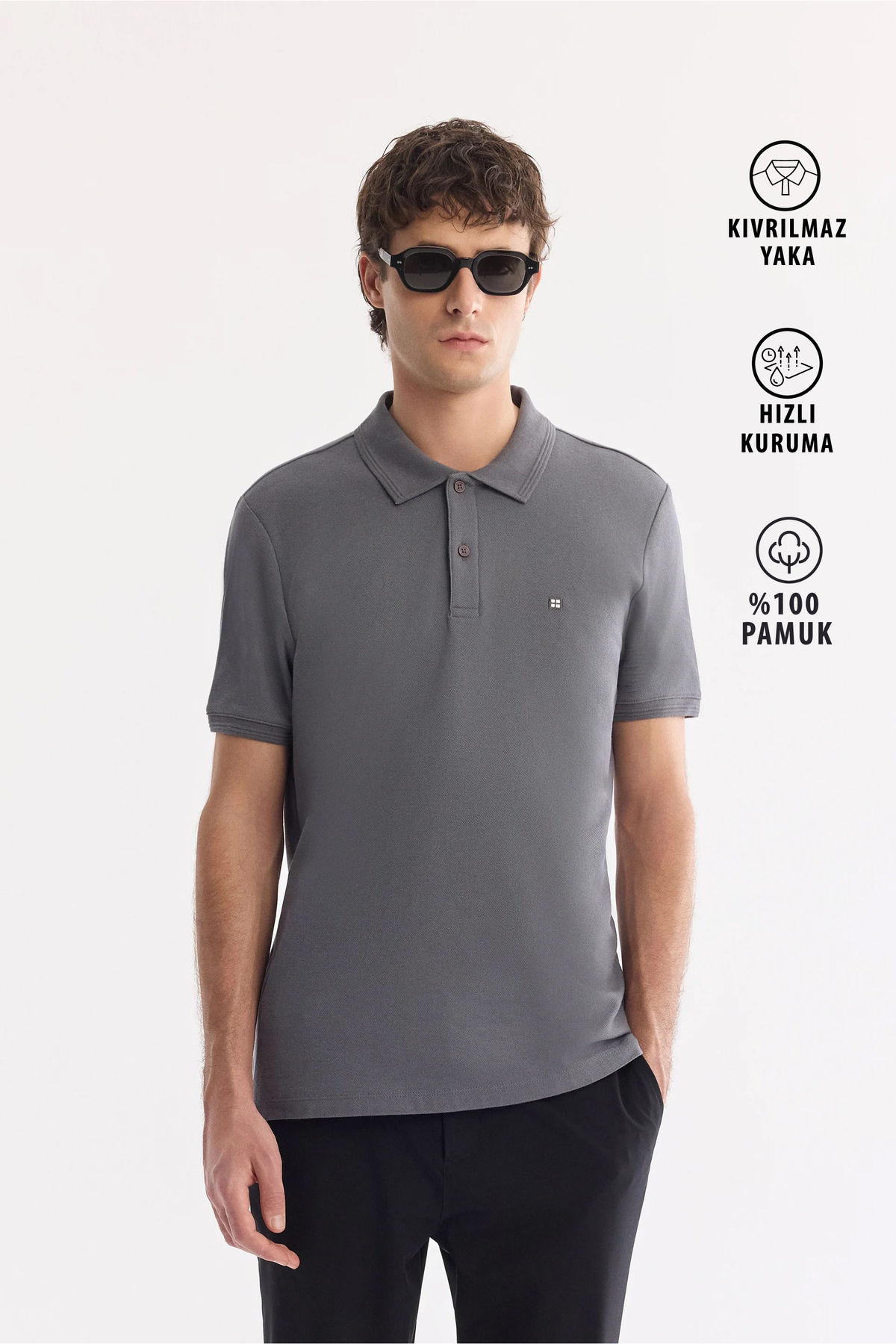 Men's Antifold Anthracite Polo Neck 100% Cotton Basic Regular Fit T-Shirt B001032