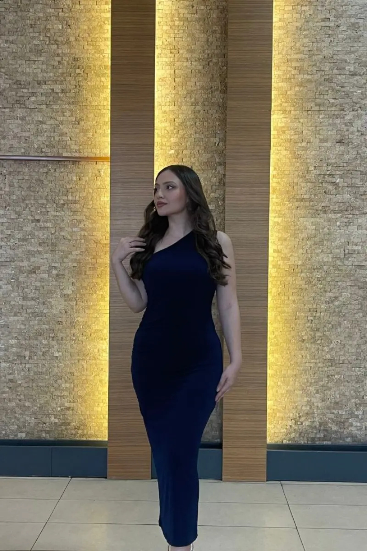 Women's One-Shoulder Shirred Midi Dress