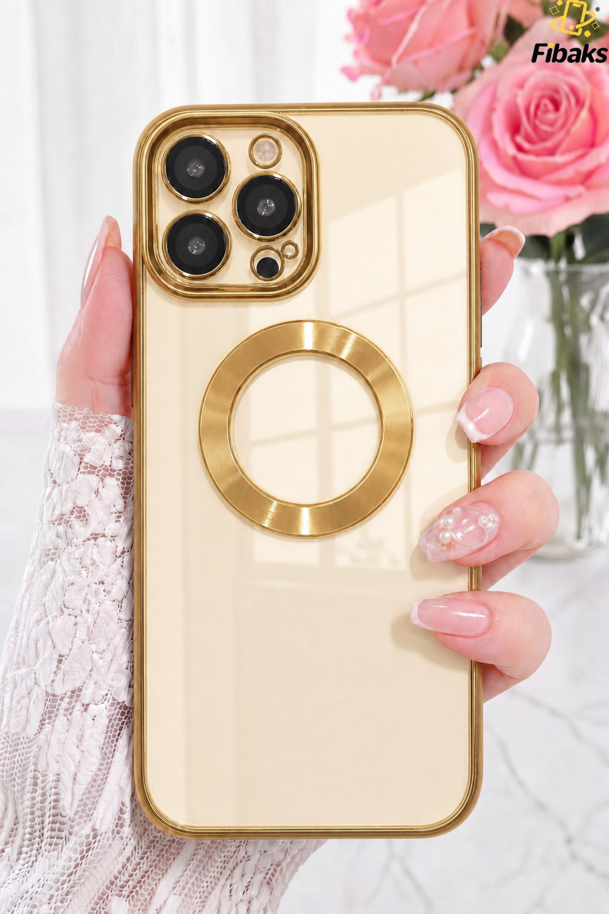iPhone 14 Pro Max Case Camera Transparent Color with Lens Shiny Cover with Logo Gold
