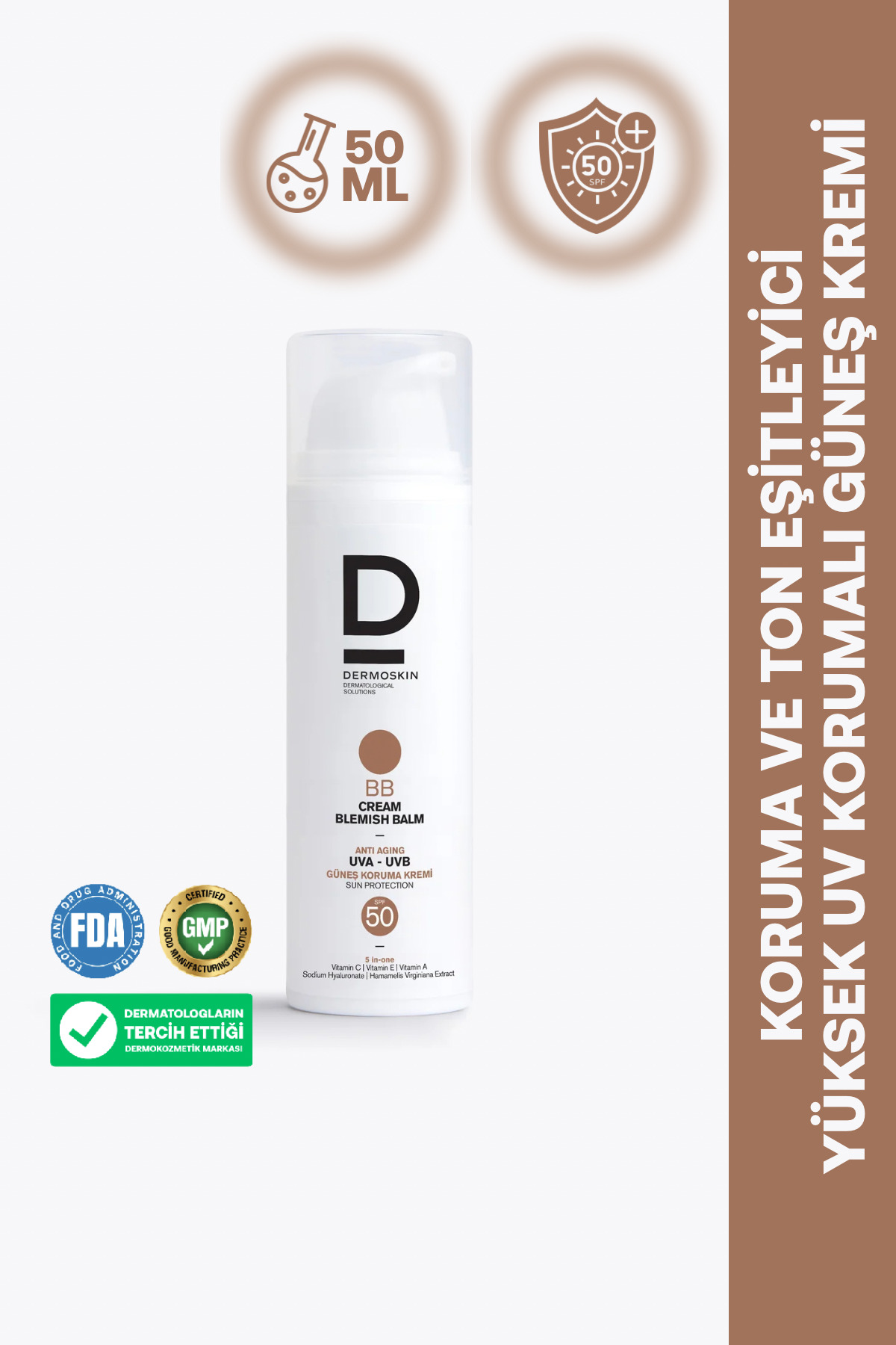Dermoskin BB Cream Blemish Balm SPF50+ | Renkli Güneş Kremi | Yaşlanma Karşıtı | Leke Giderici | 50 ml