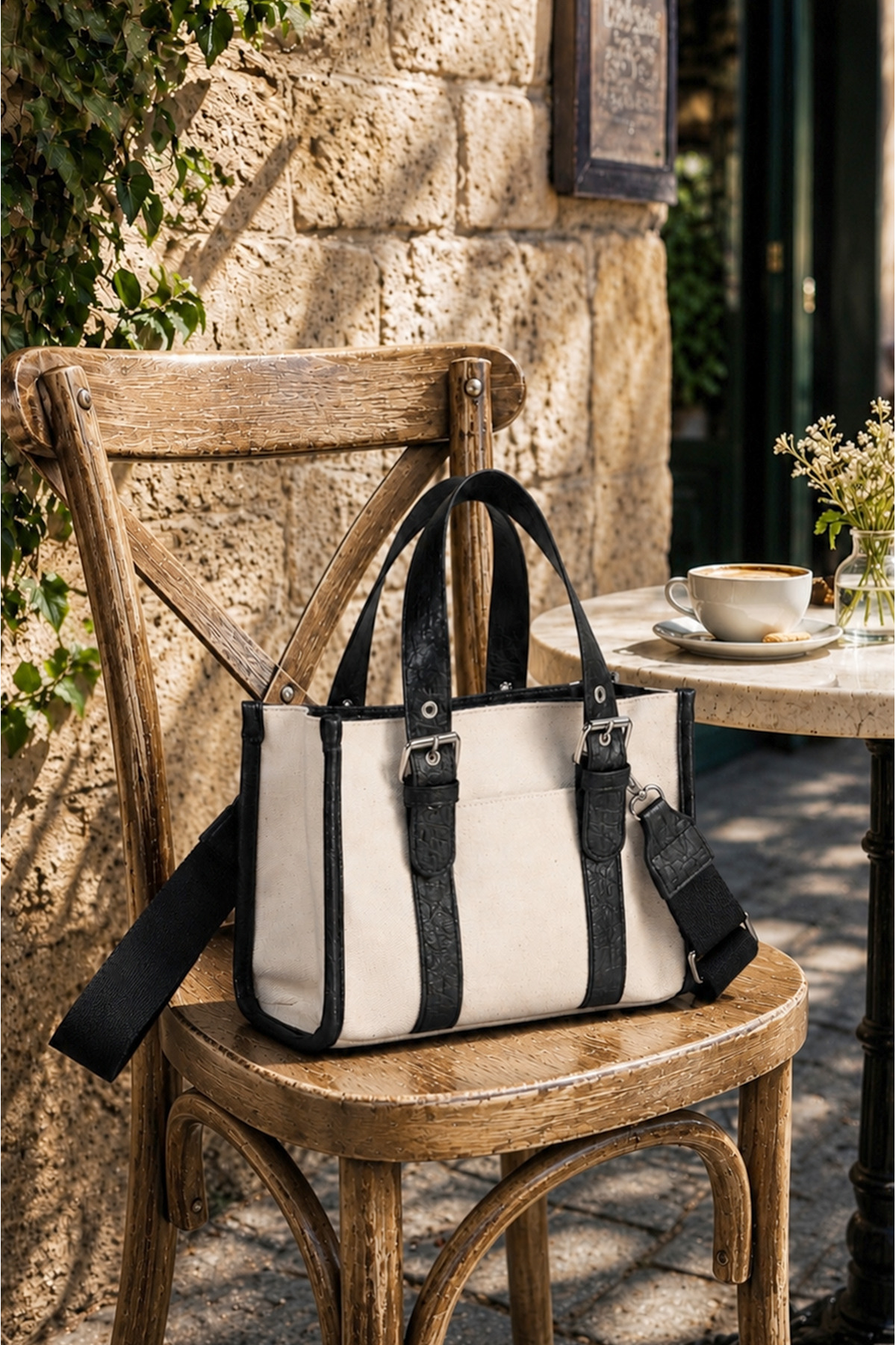 Black Beige Linen Medium Hand and Shoulder Bag