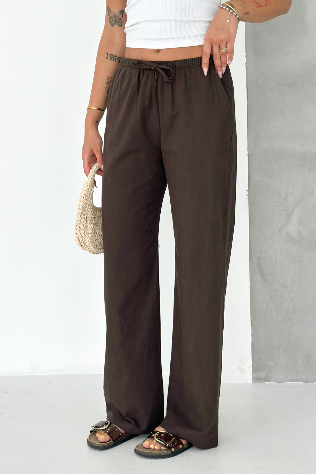 Dark Brown Summer Women's Baggy Linen Look Pants with Elastic Waist Emily-3023