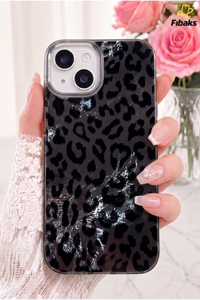 Fibaks iPhone 13/14/15 Kılıf Hologramlı Siyah Leopar Desenli Darbe Emici Kame...