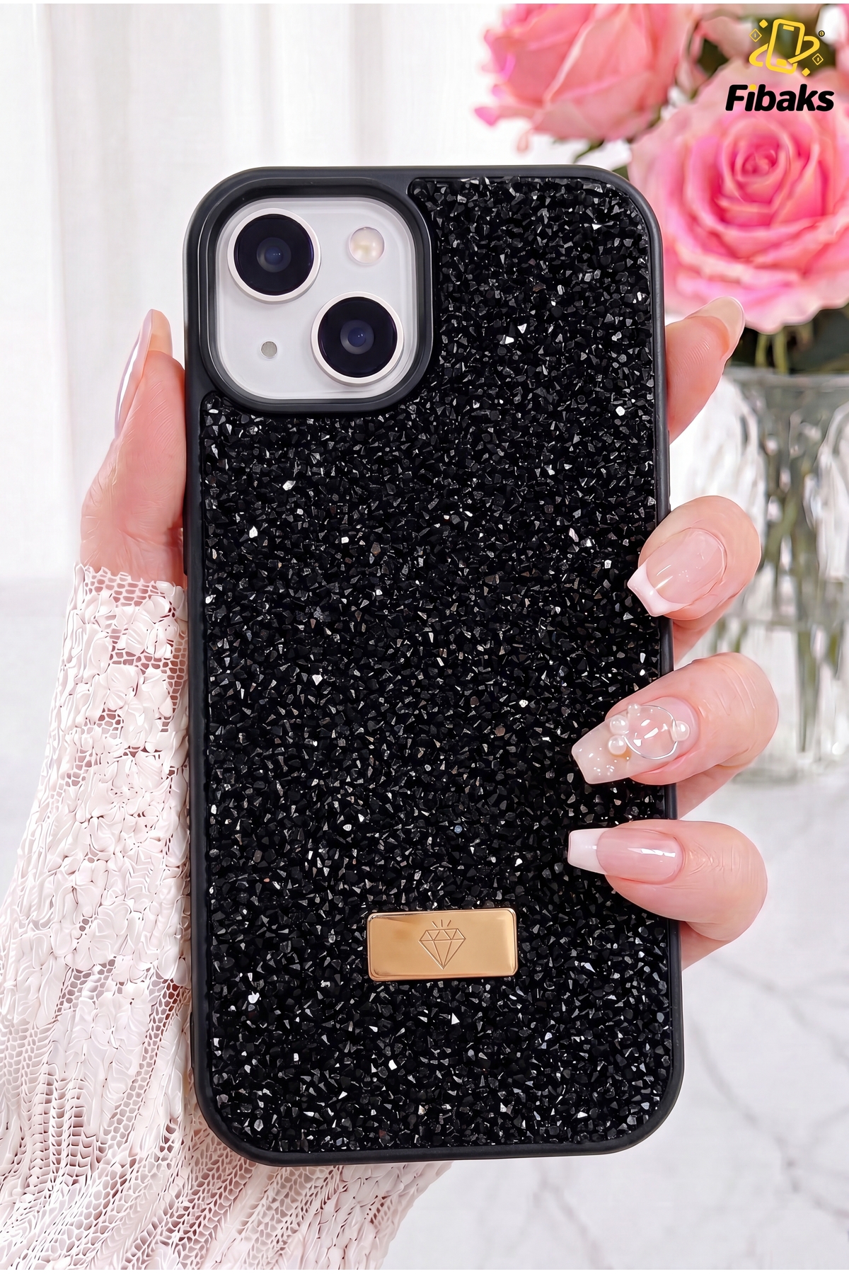 iPhone 13/14/15 Case Velvet Diamond Design Black Gemstone Sparkly Diamond Silicone