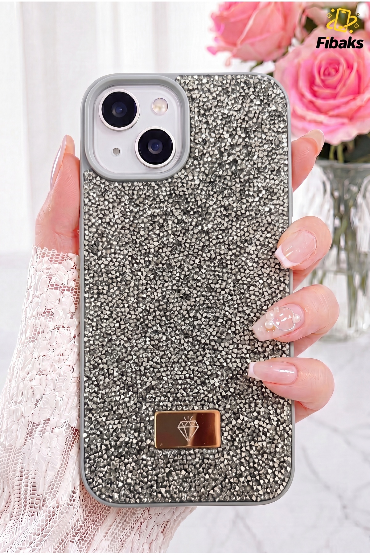 iPhone 13/14/15 Velvet Diamond Design Shimmering Diamond with Grey Gemstone Case Silicone