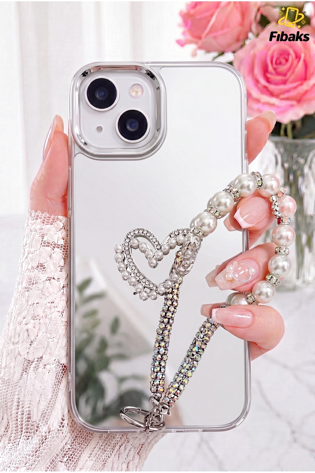 iPhone 13/14/15 Case Mirrored Pearl Charm Strap Heart Design Patterned Silicone Cover