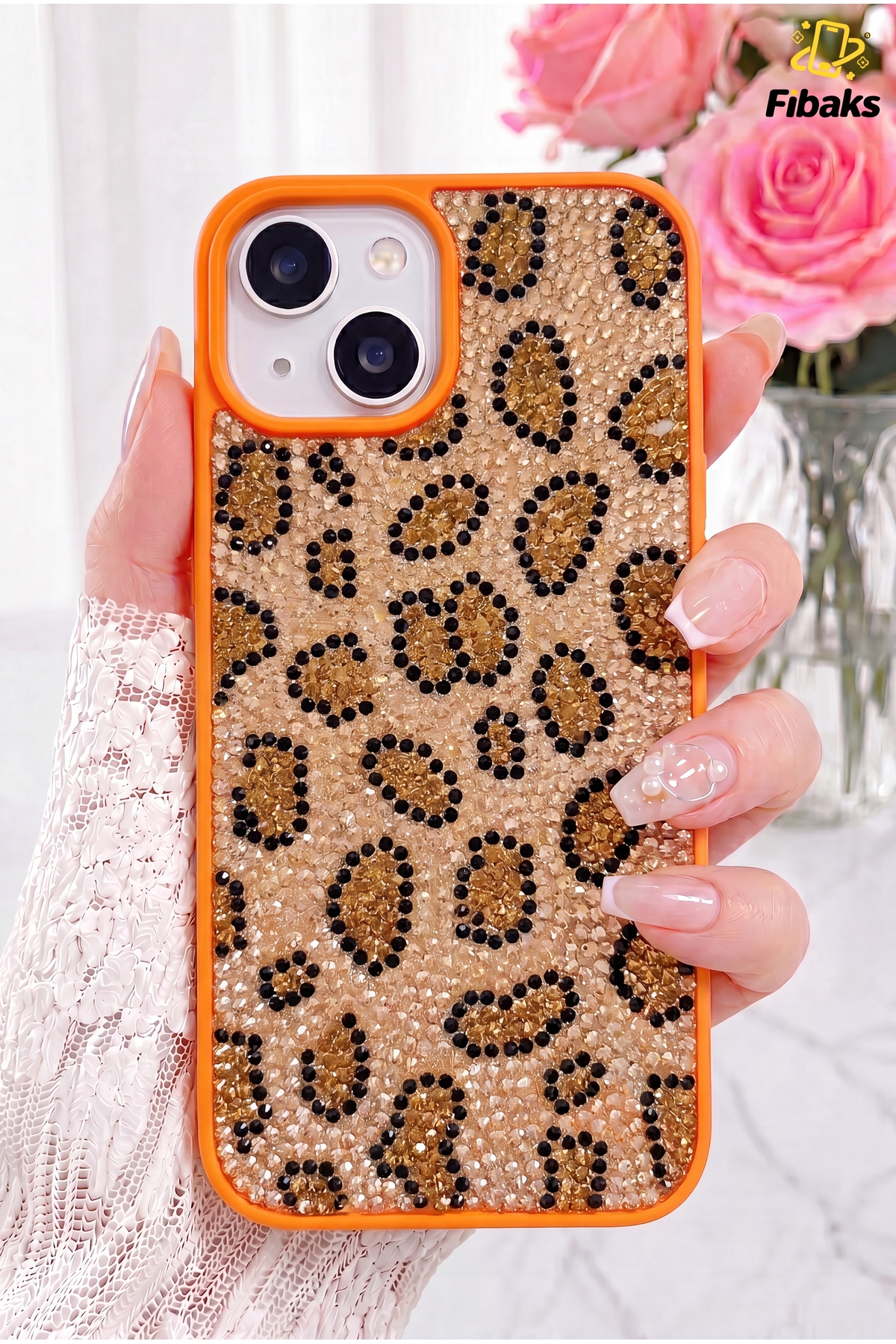 iPhone 13/14/15 Velvet Leopard Design Orange Gemstone Glitter Diamond Silicone Case