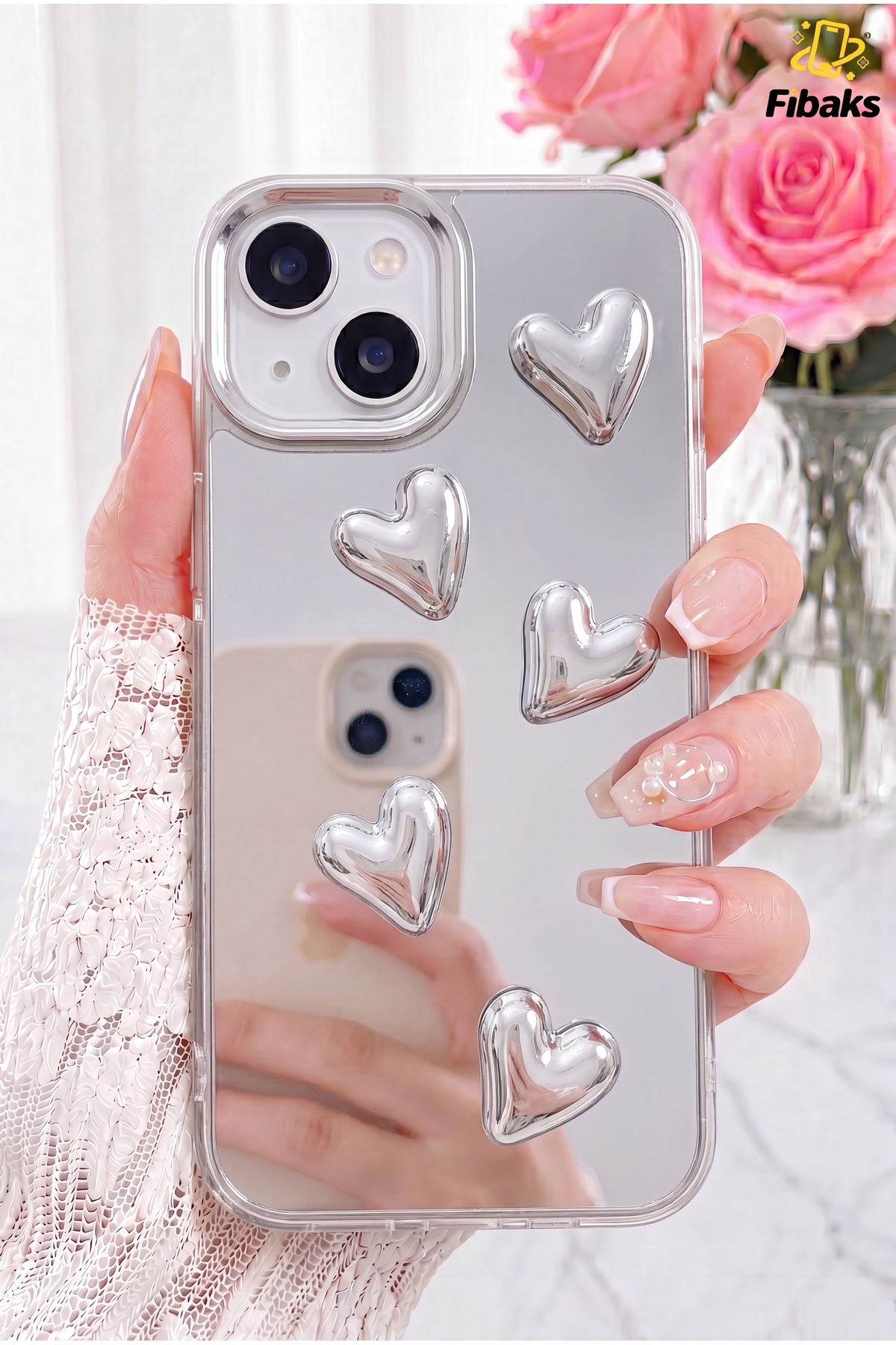 iPhone 13/14/15 Case Mirrored Silver 3d Heart Patterned Shock Absorbing Silicone Cover