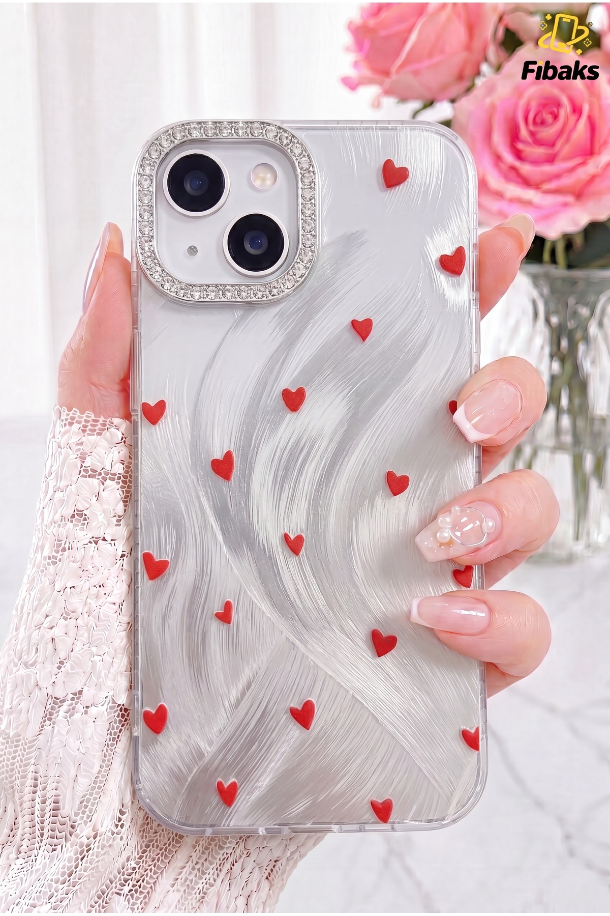 iPhone 15/14/13 Case Luminous Love Series Gemstone Camera Framed Heart Pattern Pearl Look Silicone