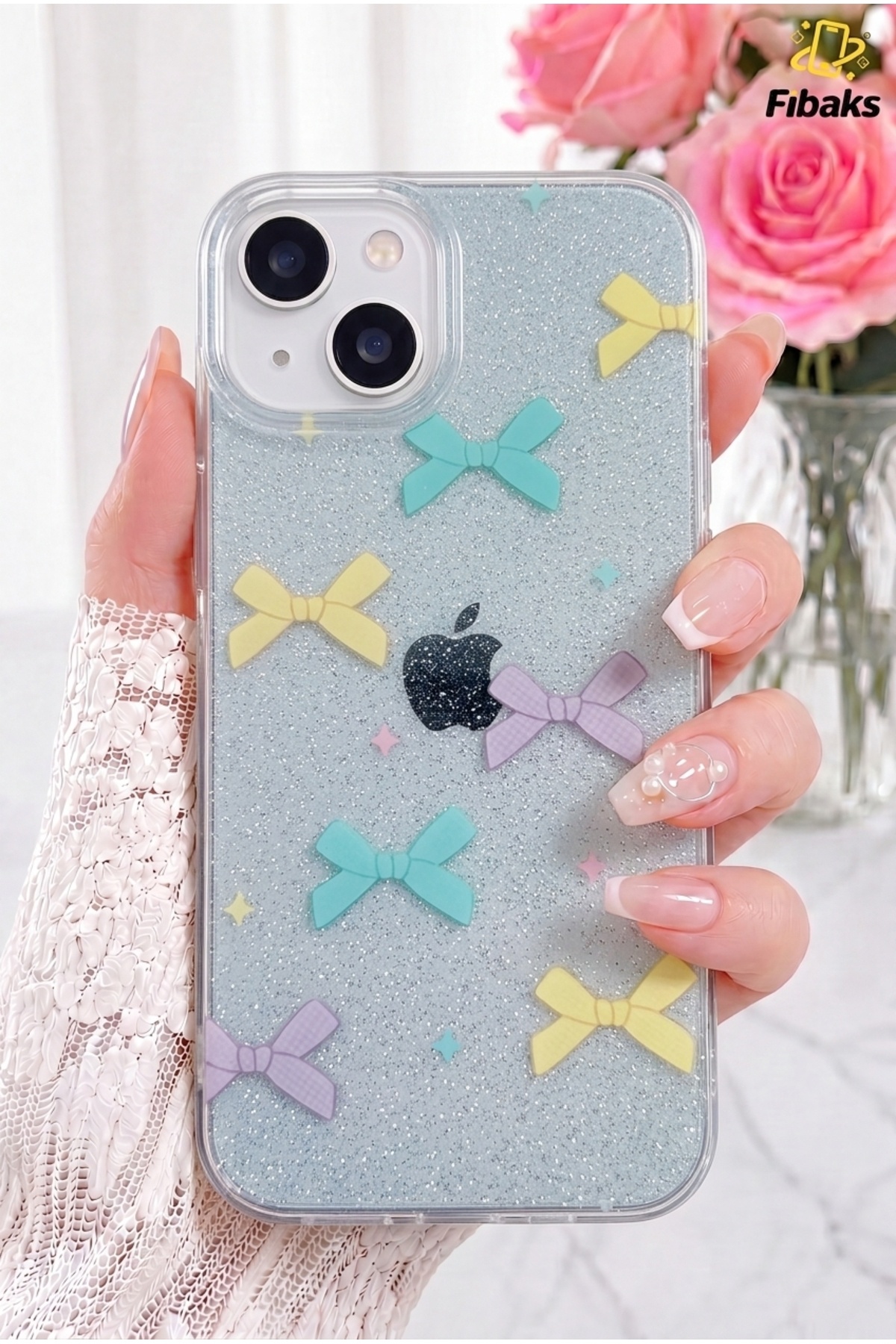 iPhone 13/14/15 Case Blue Glitter Colorful Bow Pattern Shiny Shock Absorbing Cover