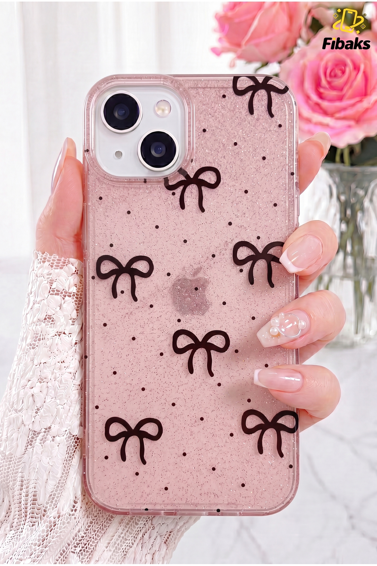 iPhone 14 Plus/15 Plus Case Glitter Black Bow Pattern Color Bright Shock Absorber