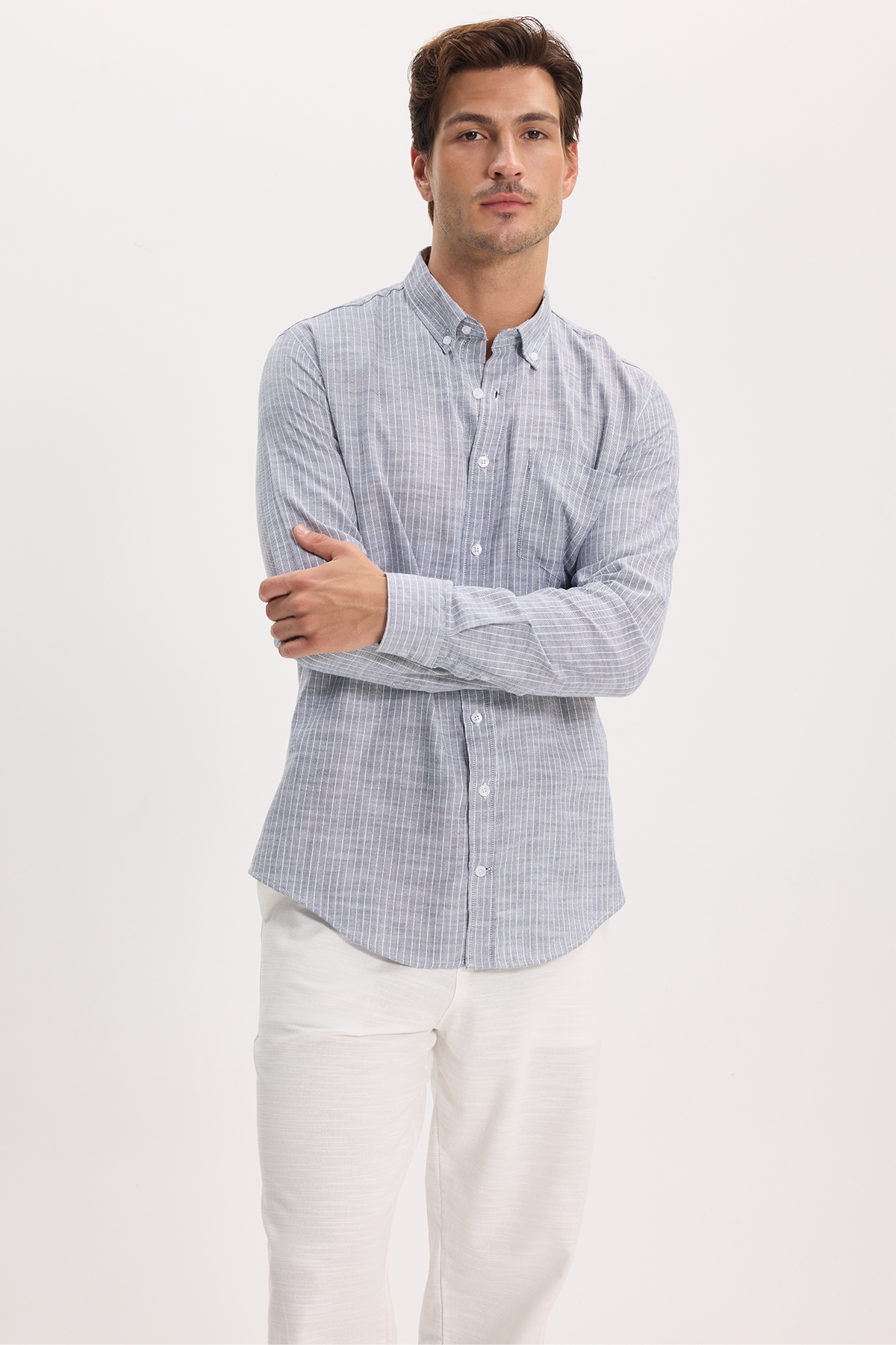 پیراهن تودورز مردانه کتان پنبه ای آبی سرمه ای کژوال / روزمره راه راه Slim Fit/اسلیم فیت    Slim/اسلیم فیت کژوال/روزمره | Tudors DR250031 TR - تصویر 5
