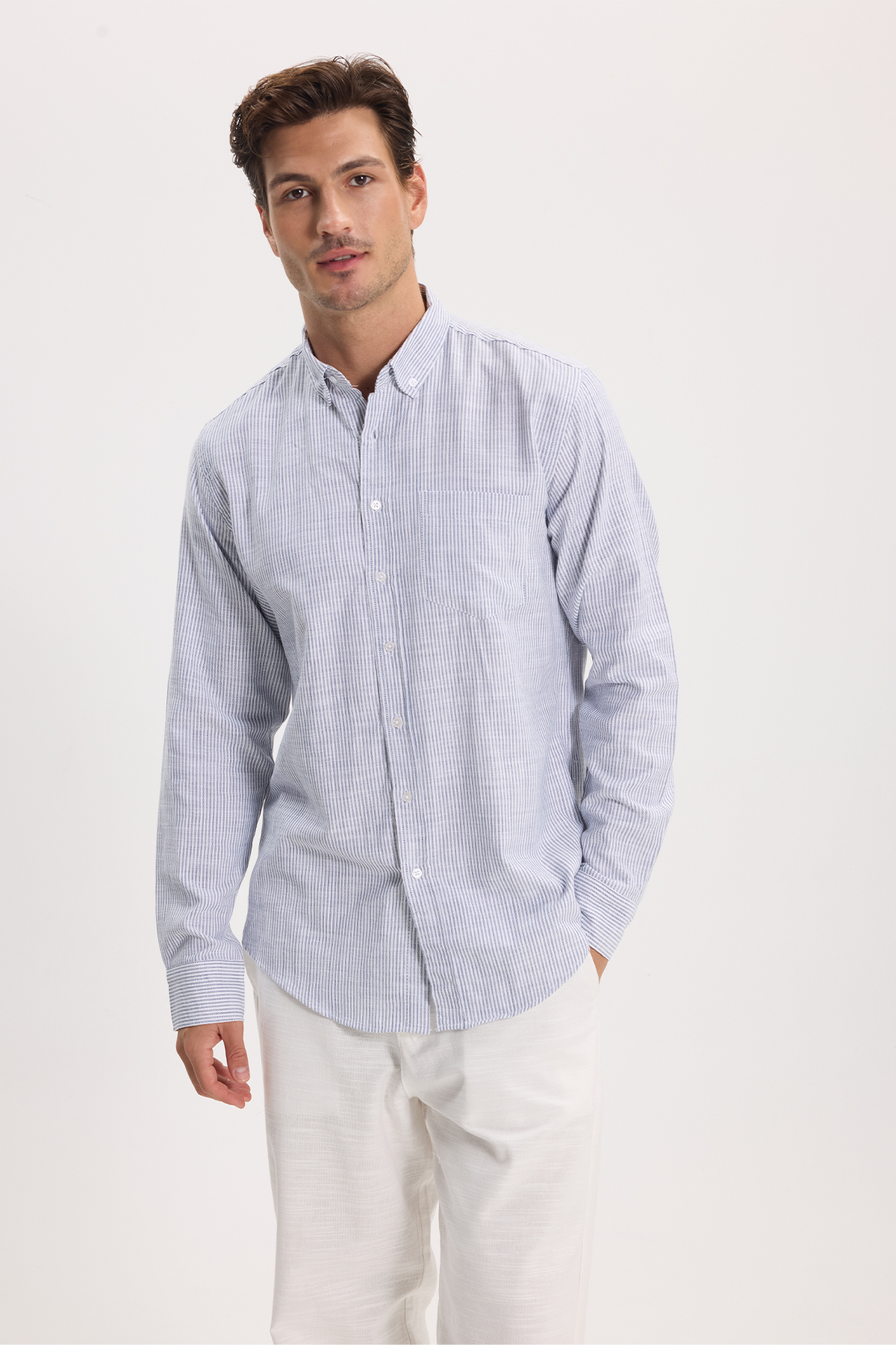 پیراهن تودورز مردانه کتان پنبه ای آبی سرمه ای کژوال / روزمره راه راه Slim Fit/اسلیم فیت    Slim/اسلیم فیت کژوال/روزمره | Tudors DR250031 TR - تصویر 4