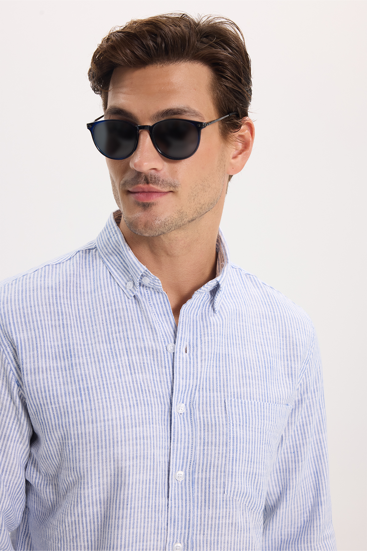 پیراهن تودورز مردانه کتان پنبه ای آبی سرمه ای کژوال / روزمره راه راه Slim Fit/اسلیم فیت    Slim/اسلیم فیت کژوال/روزمره | Tudors DR250031 TR - تصویر 4