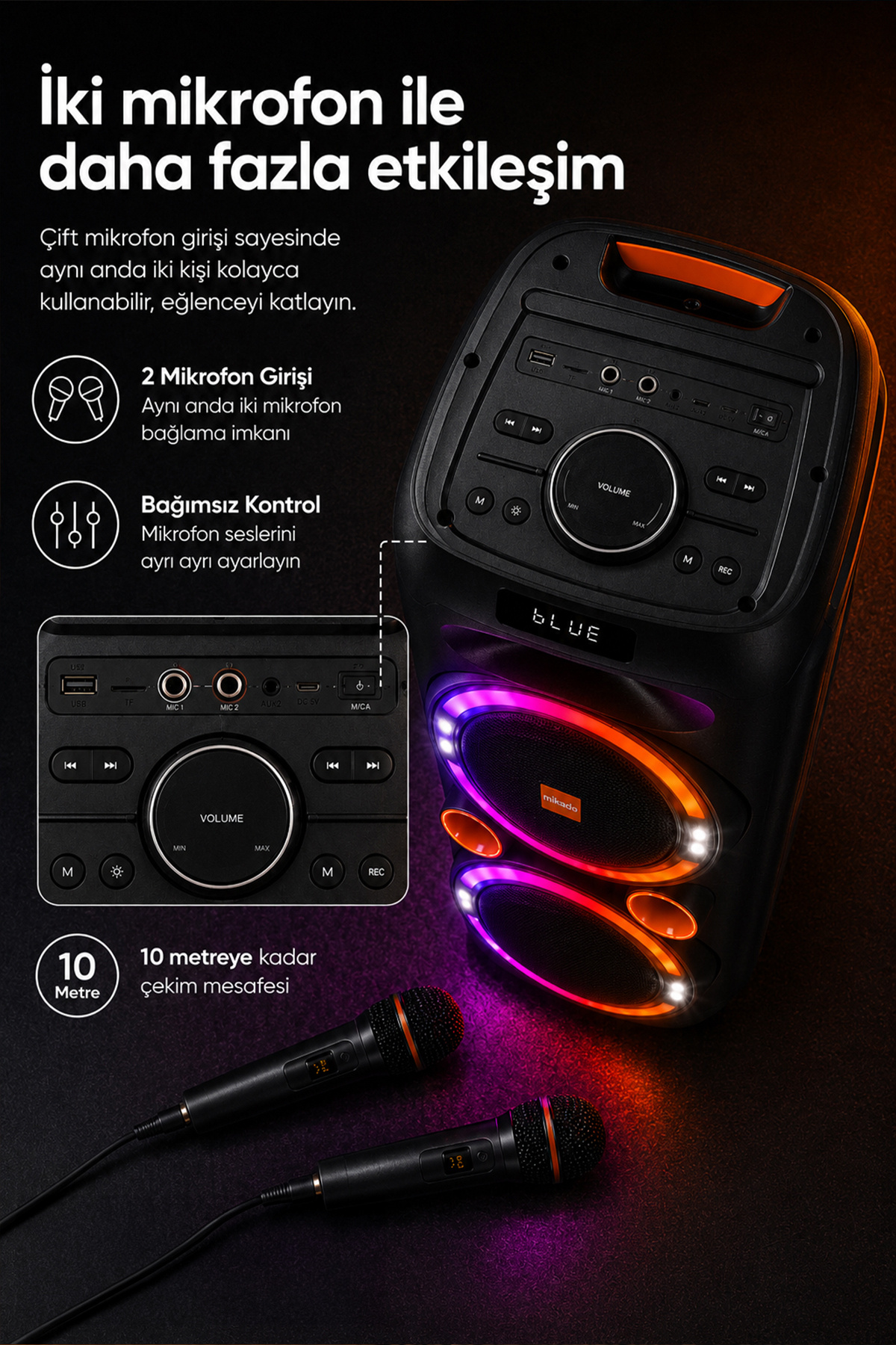 MD-208KP 40W Işıklı 7.4V 3600mAh Siyah 1 VHF UV Mikrofonlu USB/BT/TF/TWS/AUX 2 Mik G 10