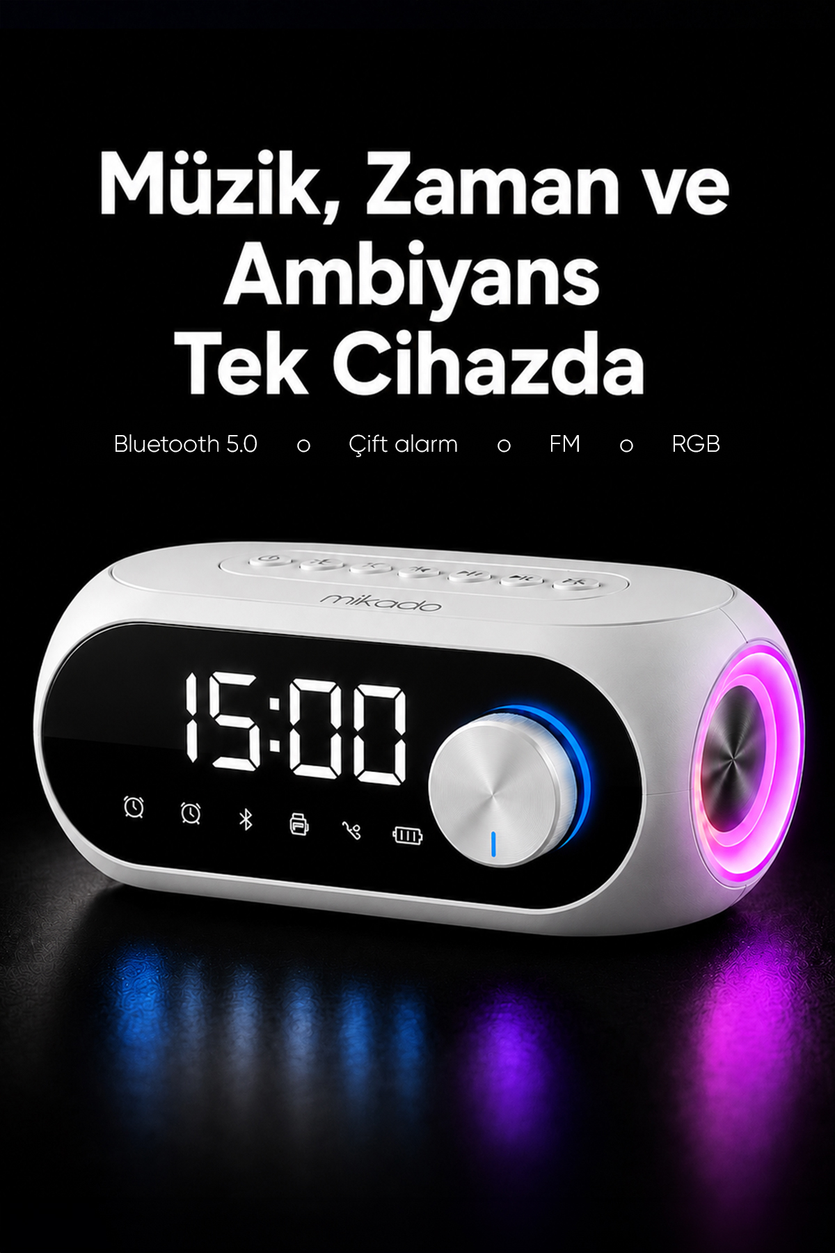 MD-W7 1200mAh 5W Beyaz Bluetooth-Aux-Derece-Usb-FM (RADYO) Alarmlı Saat Speaker Speaker 10