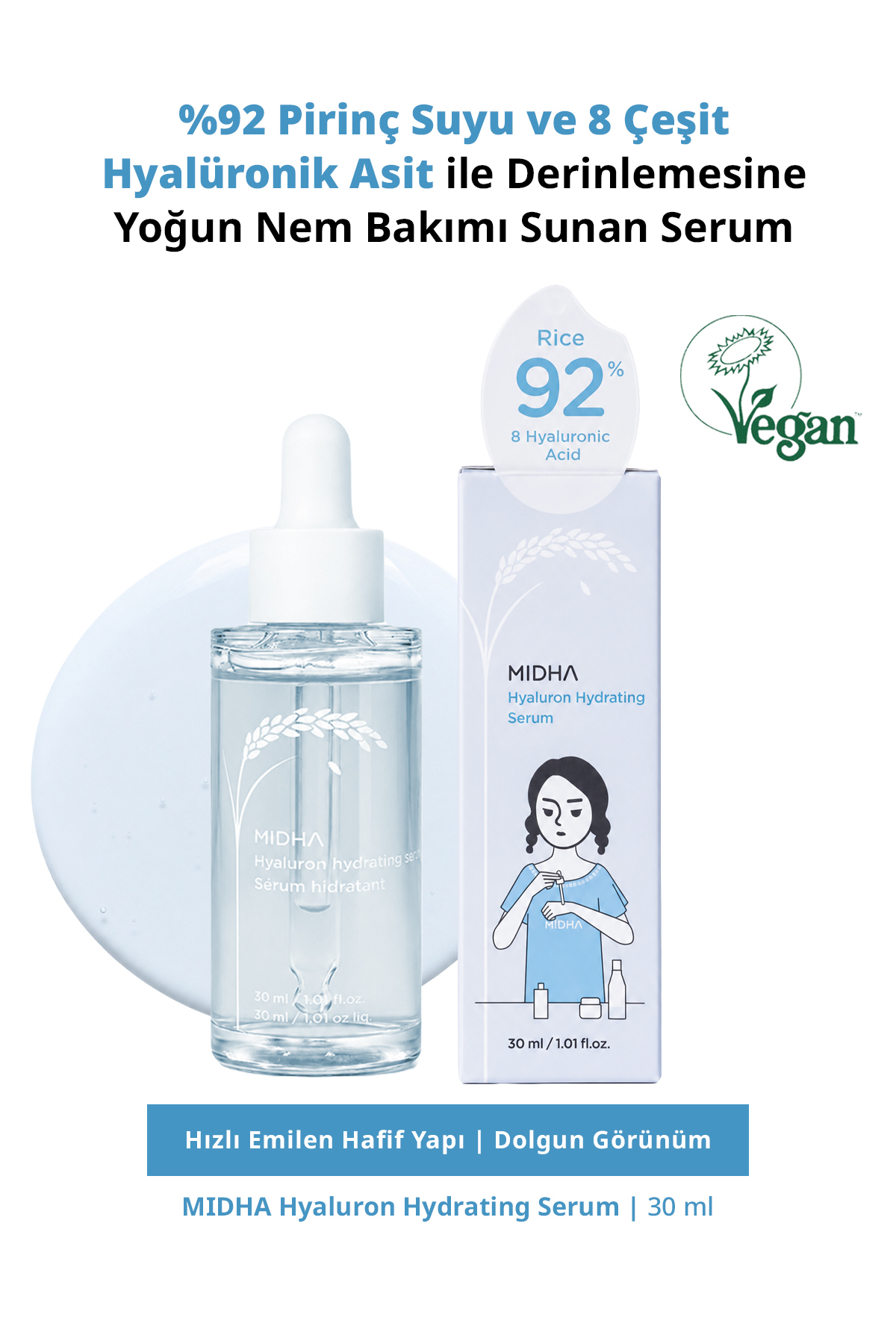 سرم آبرسان هیالورون MIDHA — MIDHA-HYALURON-HYDRATING-SERUM30 سرمی که با 92 درصد آب برنج و 8 نوع اسید هیالورونیک، هیدراتاسیون شدید را فراهم می کند. — تصویر 1 از 7