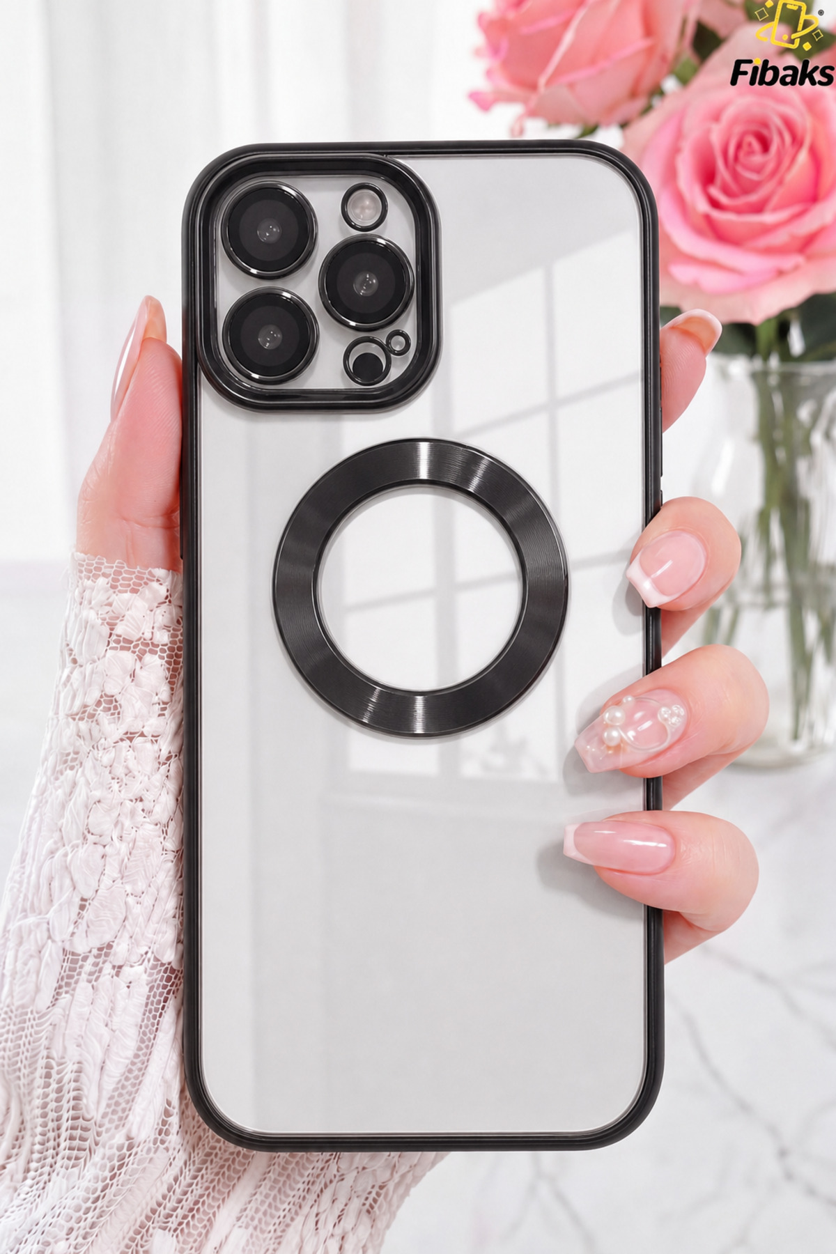 iPhone 14 Pro Max Case Camera Transparent Color with Lens Protection Glossy Cover with Logo Black