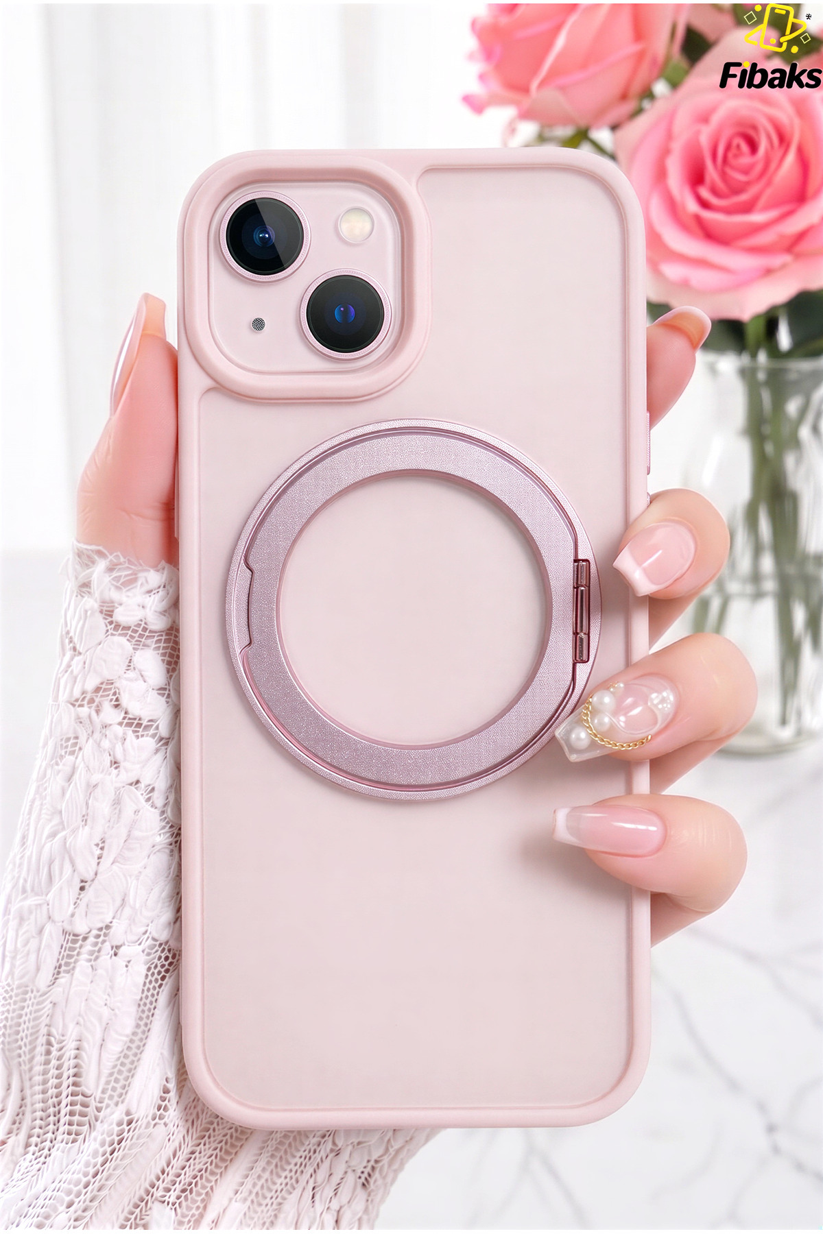 iPhone 13/14/15 Case 360° MagSafe Compatible Matte Shockproof Phone Case with Metal Stand Rose