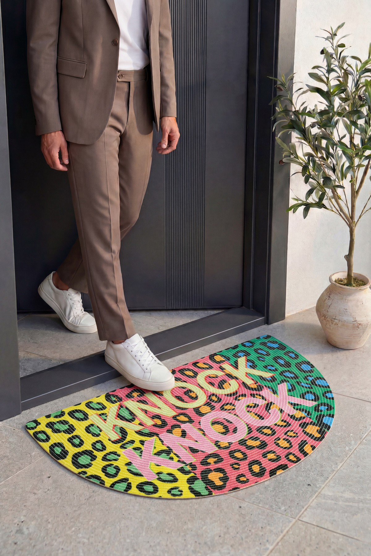Passy Leopard Pattern Bohemian Door Front Mat Decorative Half Moon Entrance Balcony Terrace Mat