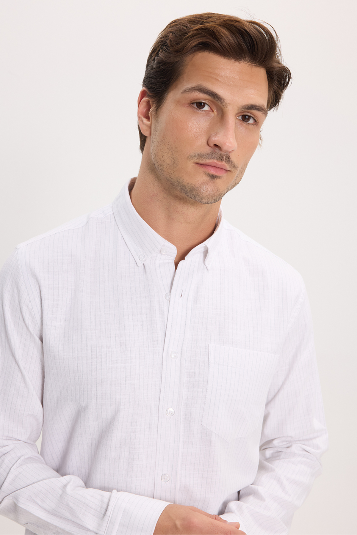 پیراهن تودورز مردانه کتان پنبه ای سبز کژوال / روزمره راه راه Slim Fit/اسلیم فیت    Slim/اسلیم فیت کژوال/روزمره | Tudors DR250031 TR - تصویر 4