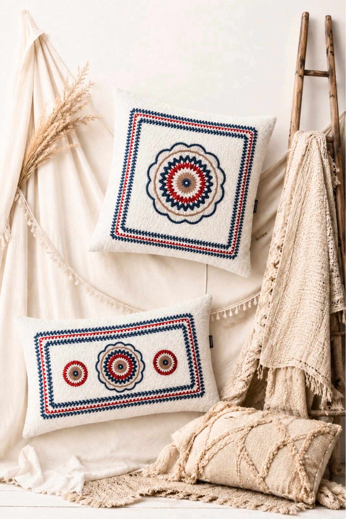 Premium Fabric Crochet Embroidered Ethnic Decorative Pillow Case Set (43x43 - 50x30 cm)