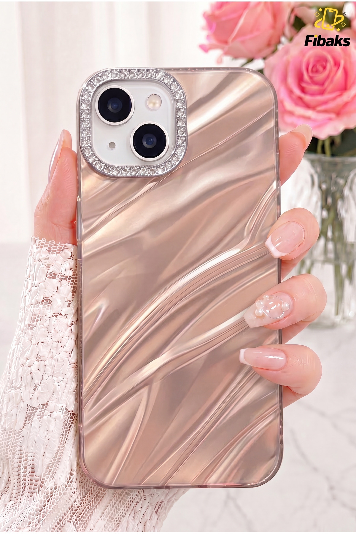 iPhone 13/14/15 Shiny Wave Pattern Camera Frame Shock Absorber Protected Silicone Rose with Case Stone