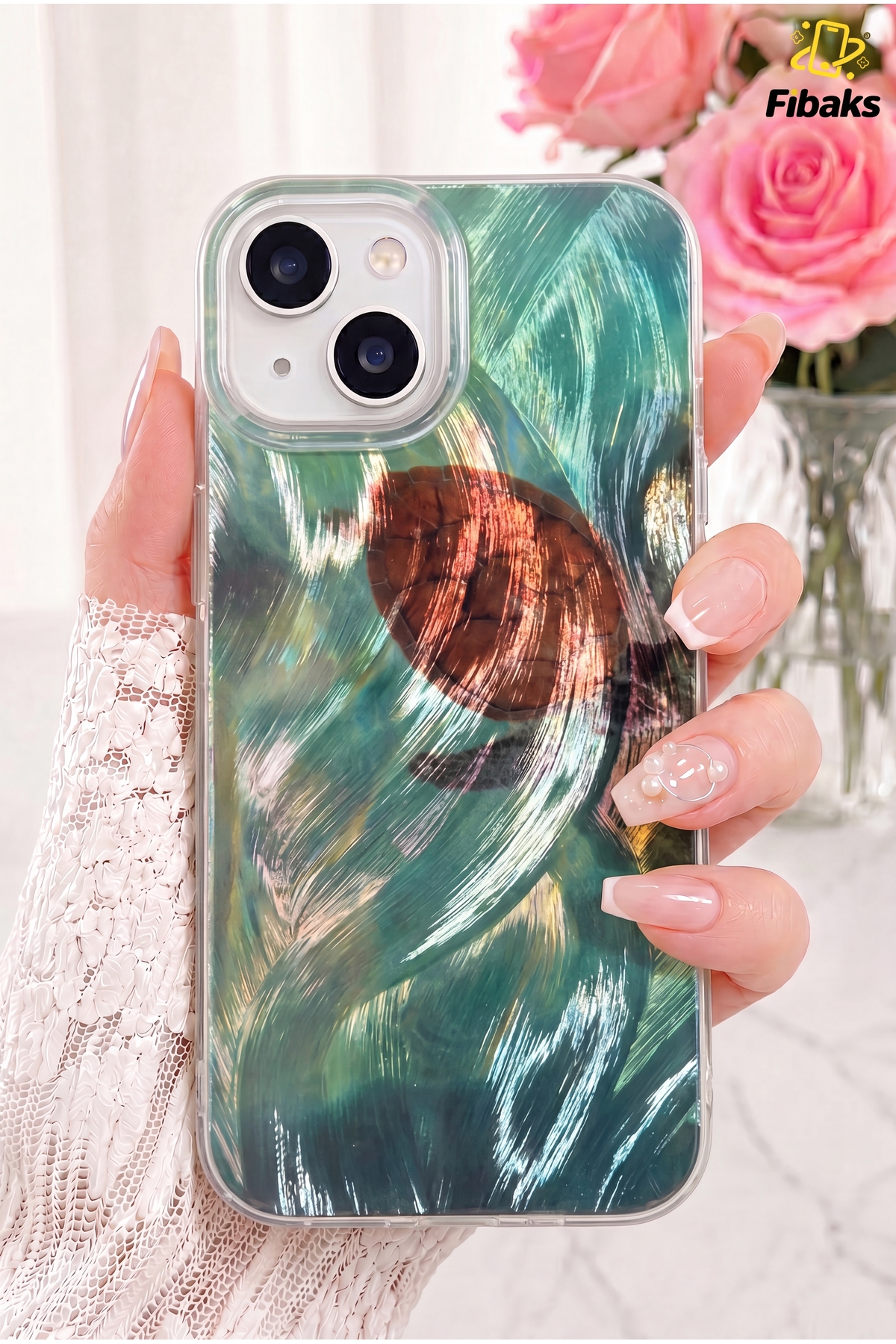 iPhone 13/14/15 Case Hologram Caretta Turtle Pattern Shock Absorber Camera Protected Silicone