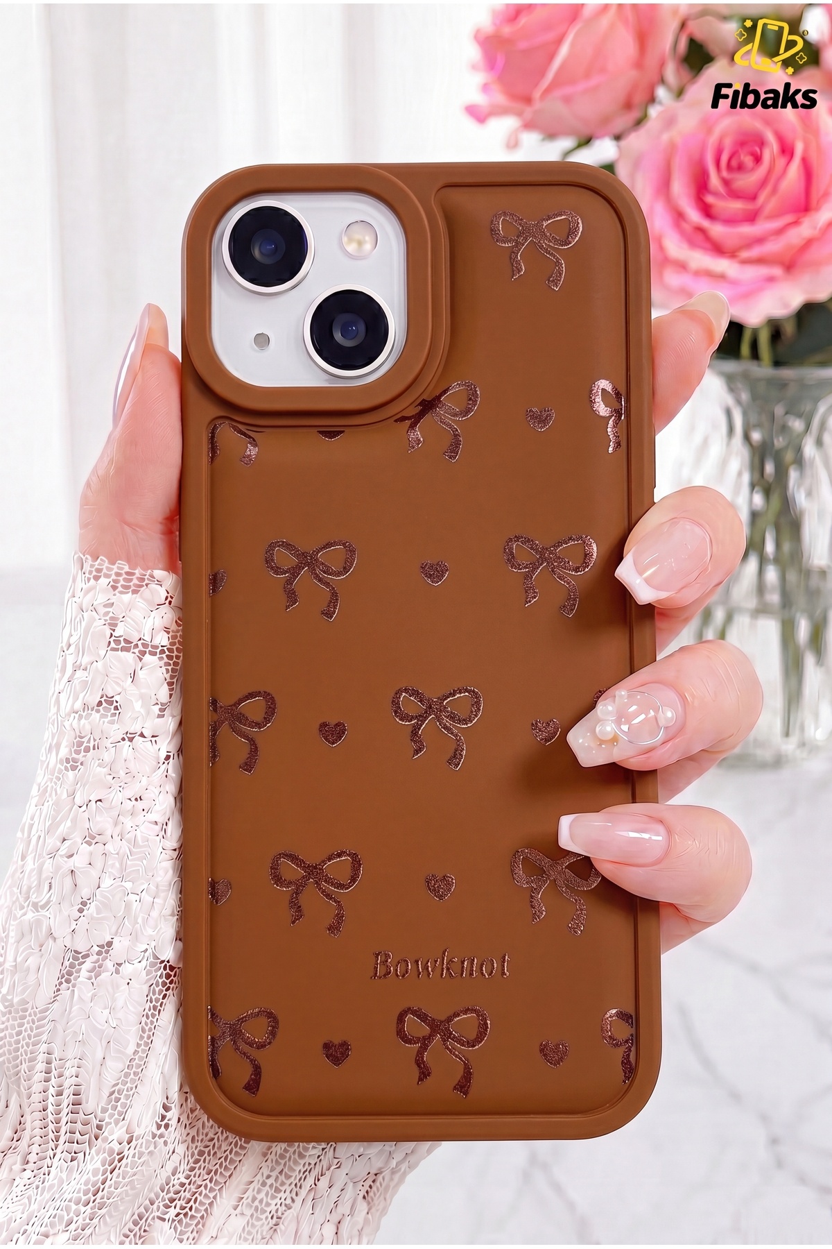 iPhone 13/14/15 Case Soft Texture Bow Pattern Brown Soft Camera Protected Silicone Cover